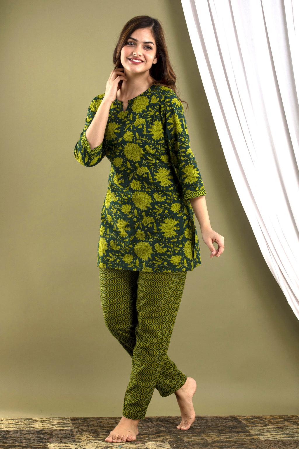 Olive Green Printed Kurta & Pajama Set