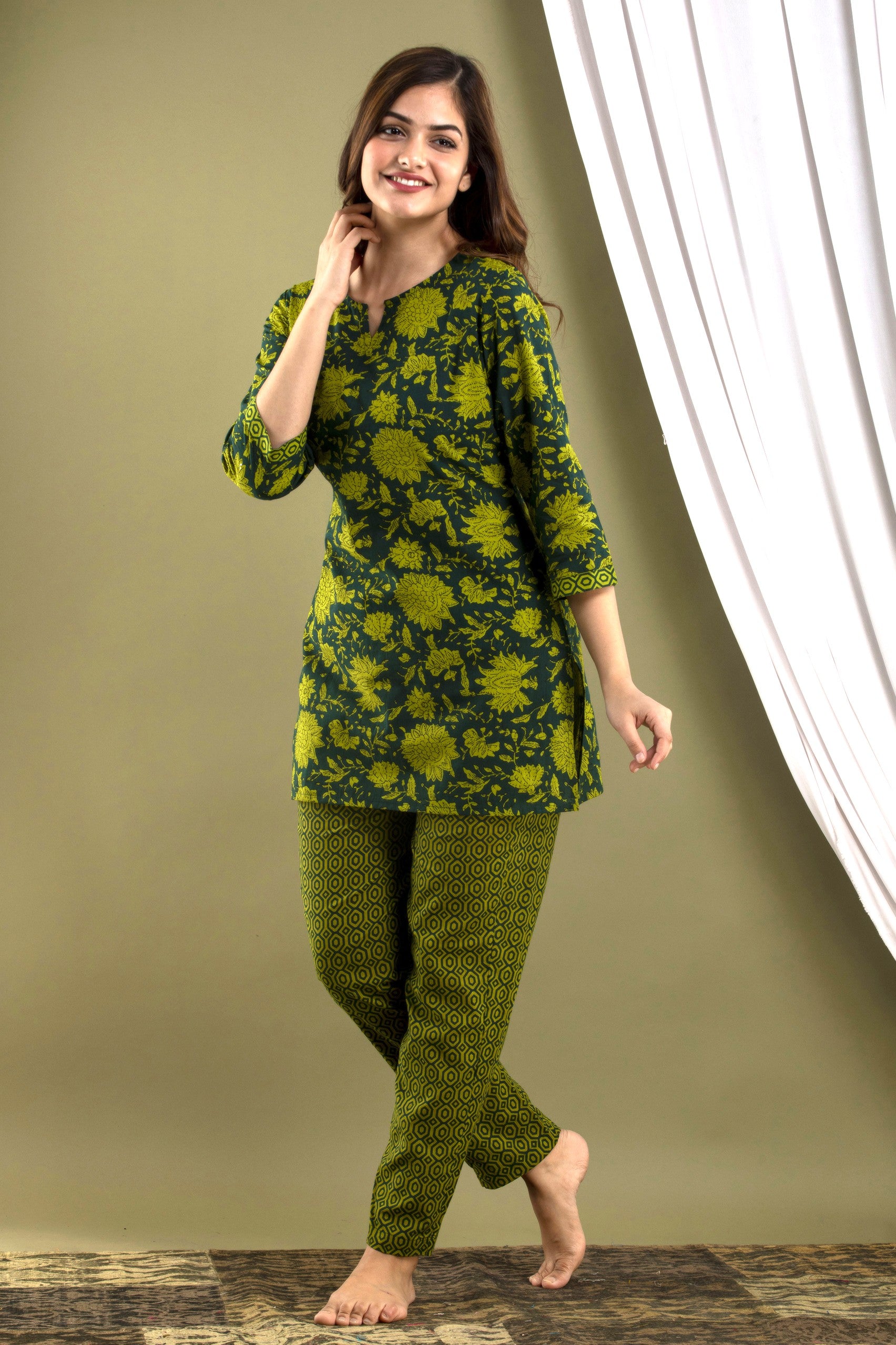 Olive Green Printed Kurta & Pajama Set