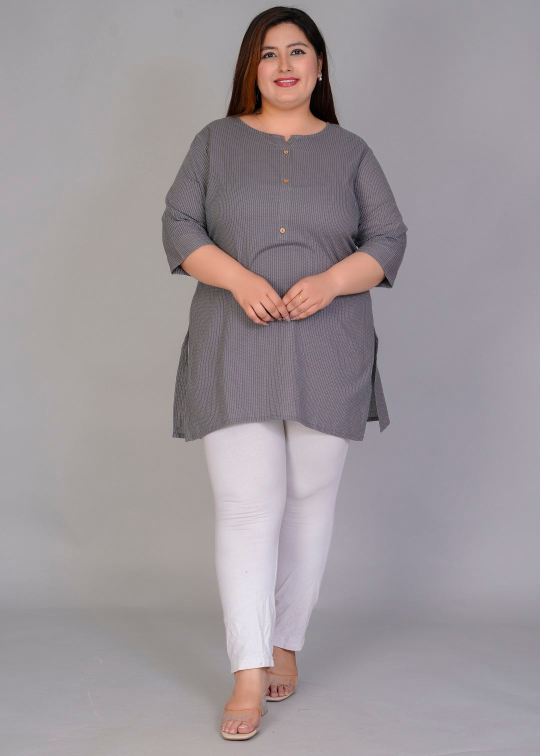 Grey Vertical Stripe Short Kurti