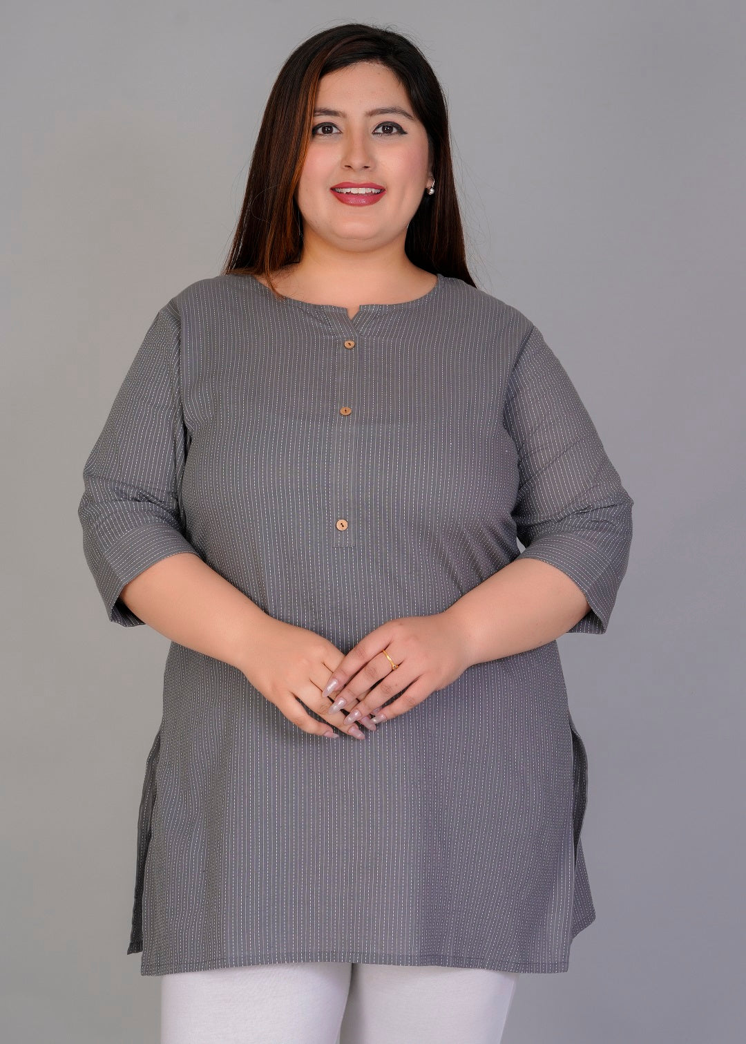 Grey Vertical Stripe Short Kurti