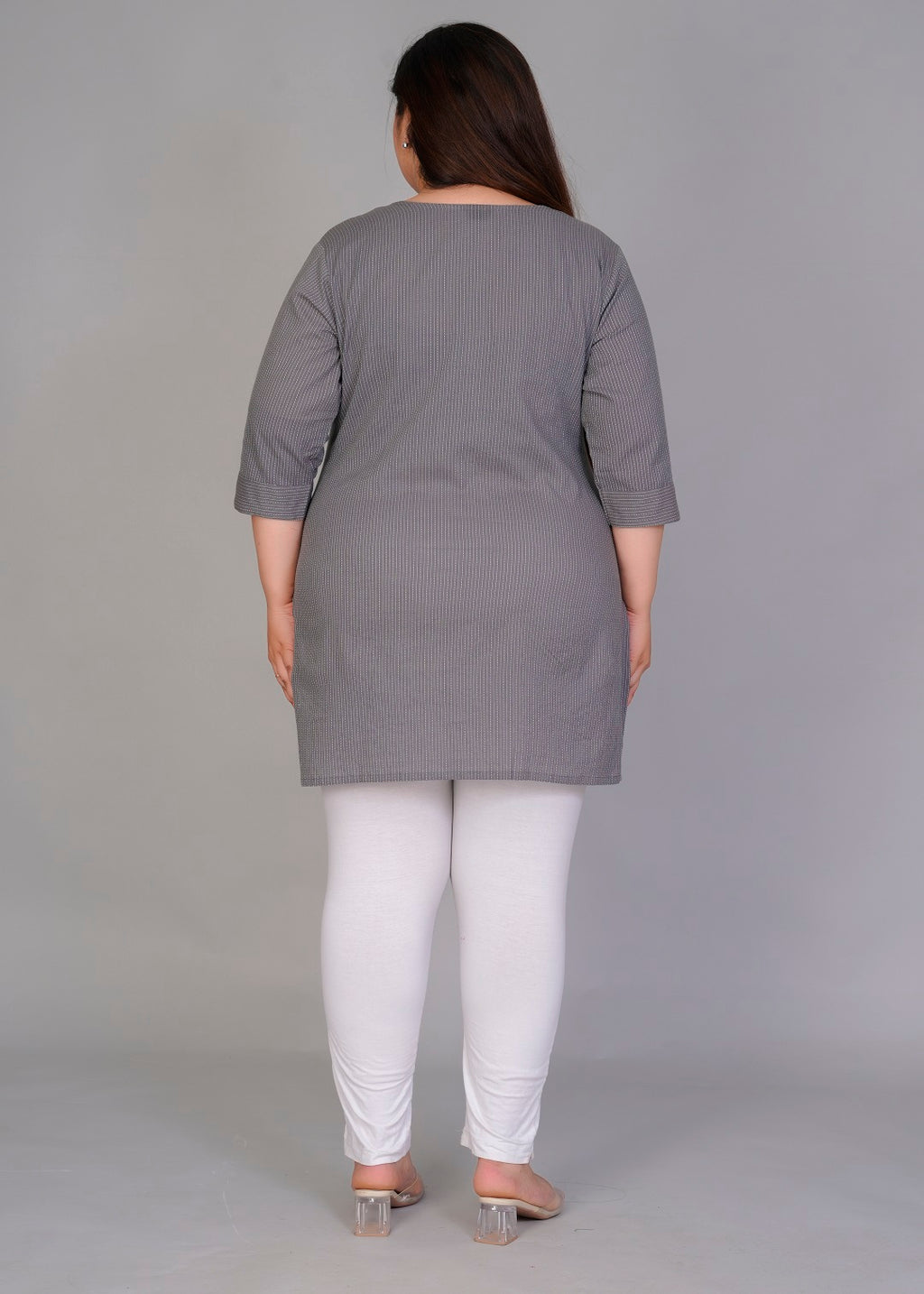 Grey Vertical Stripe Short Kurti