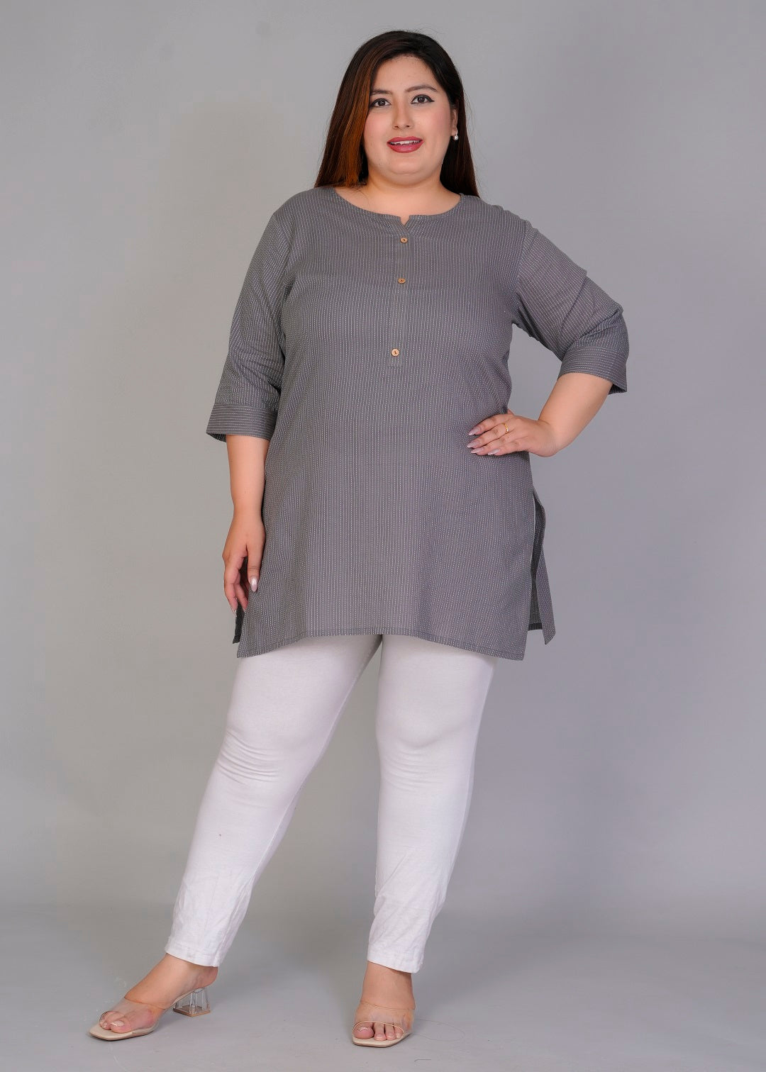 Grey Vertical Stripe Short Kurti