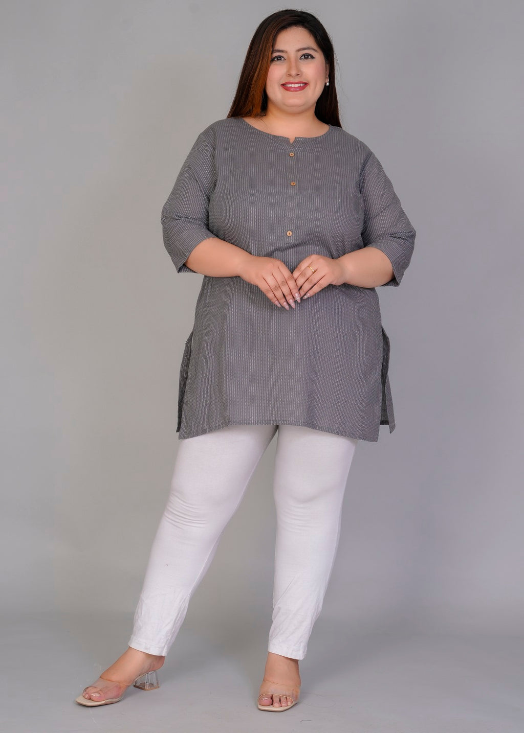 Grey Vertical Stripe Short Kurti