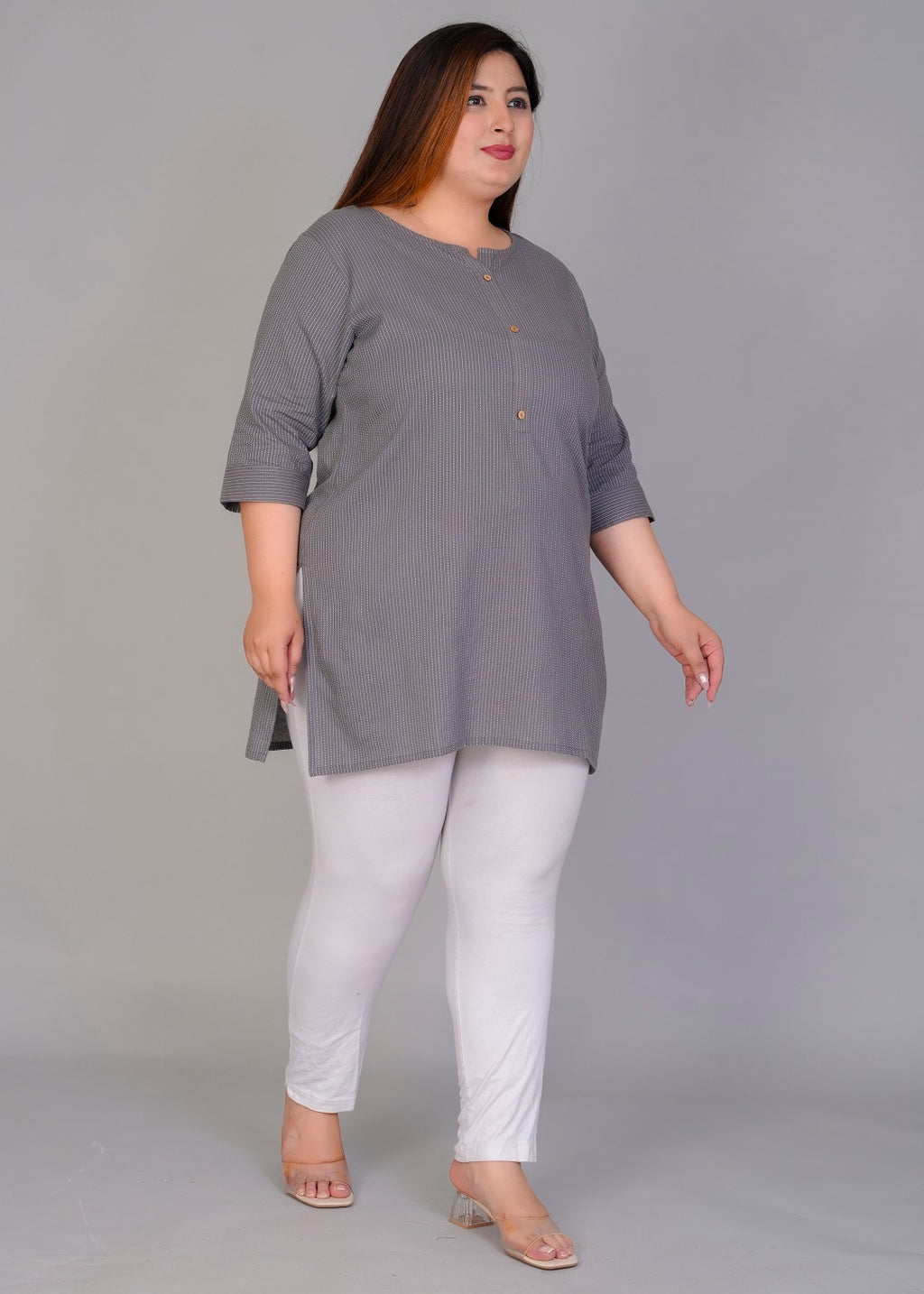 Grey Vertical Stripe Short Kurti