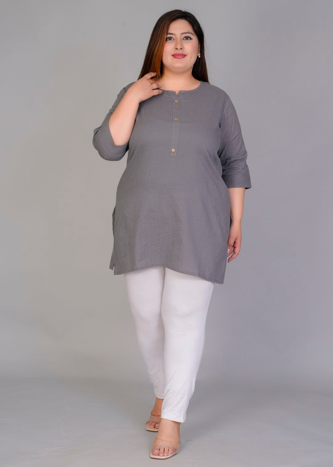 Grey Vertical Stripe Short Kurti