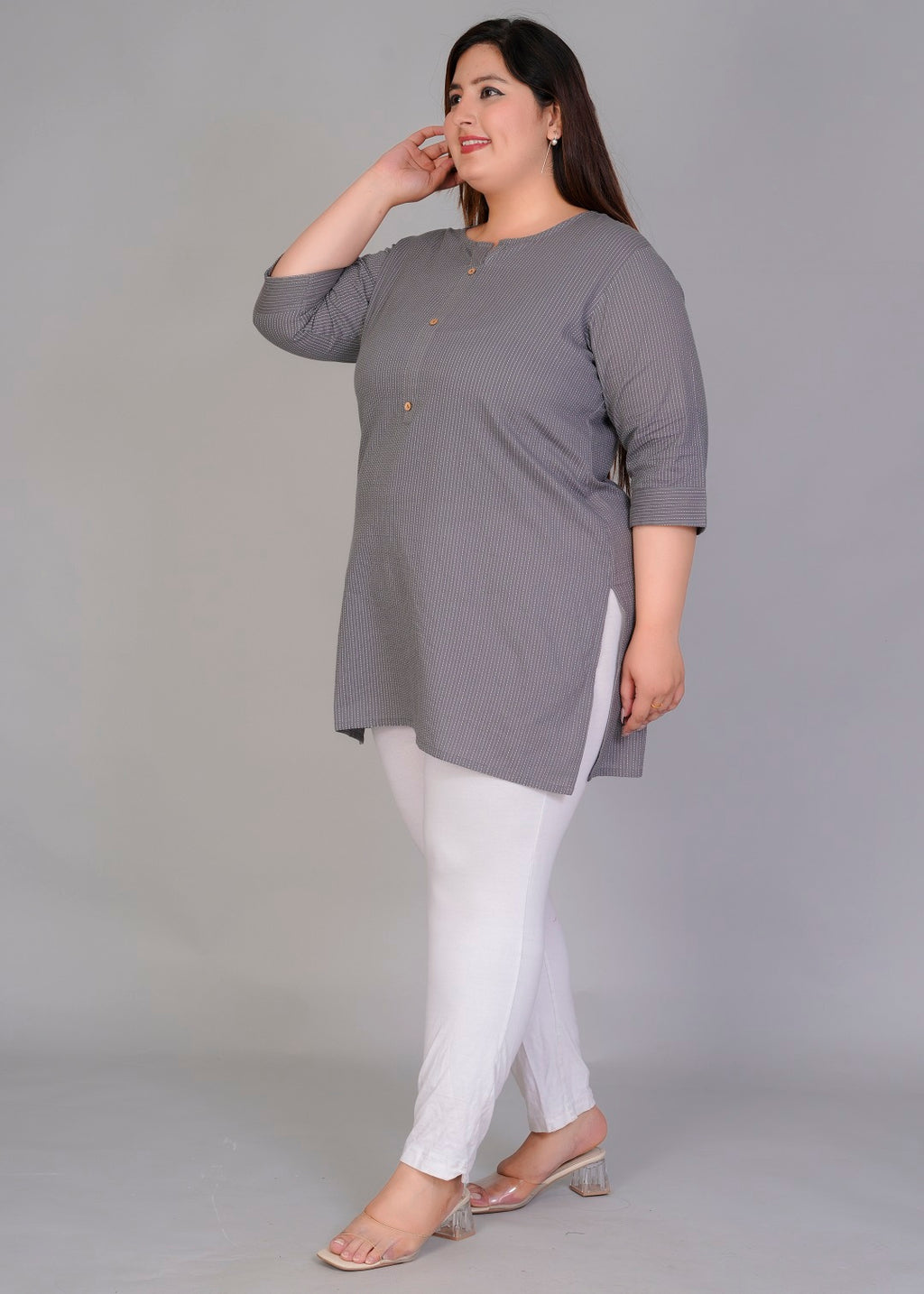 Grey Vertical Stripe Short Kurti