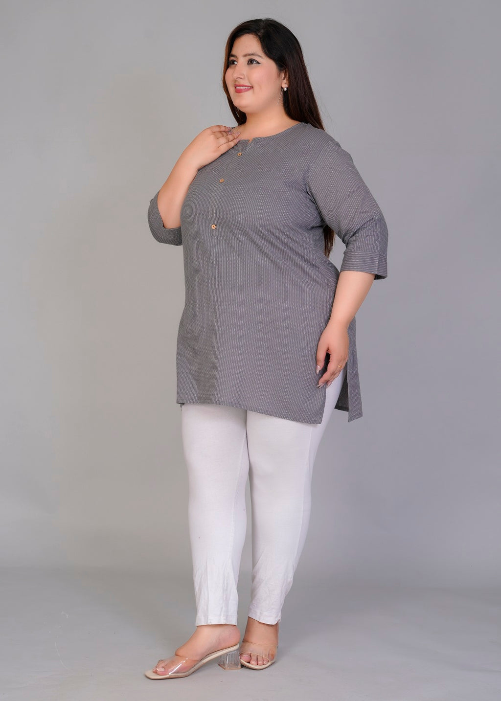 Grey Vertical Stripe Short Kurti