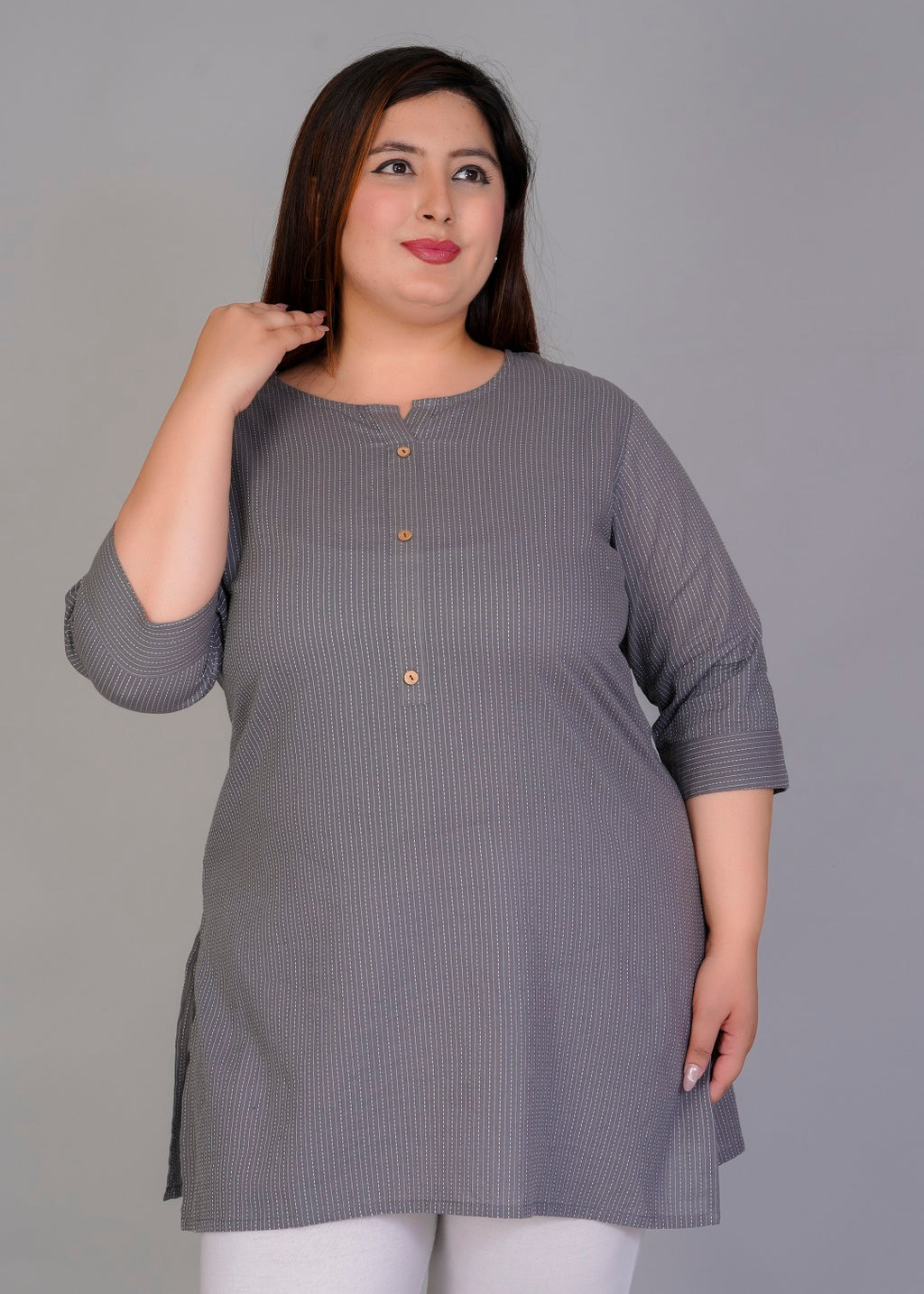 Grey Vertical Stripe Short Kurti