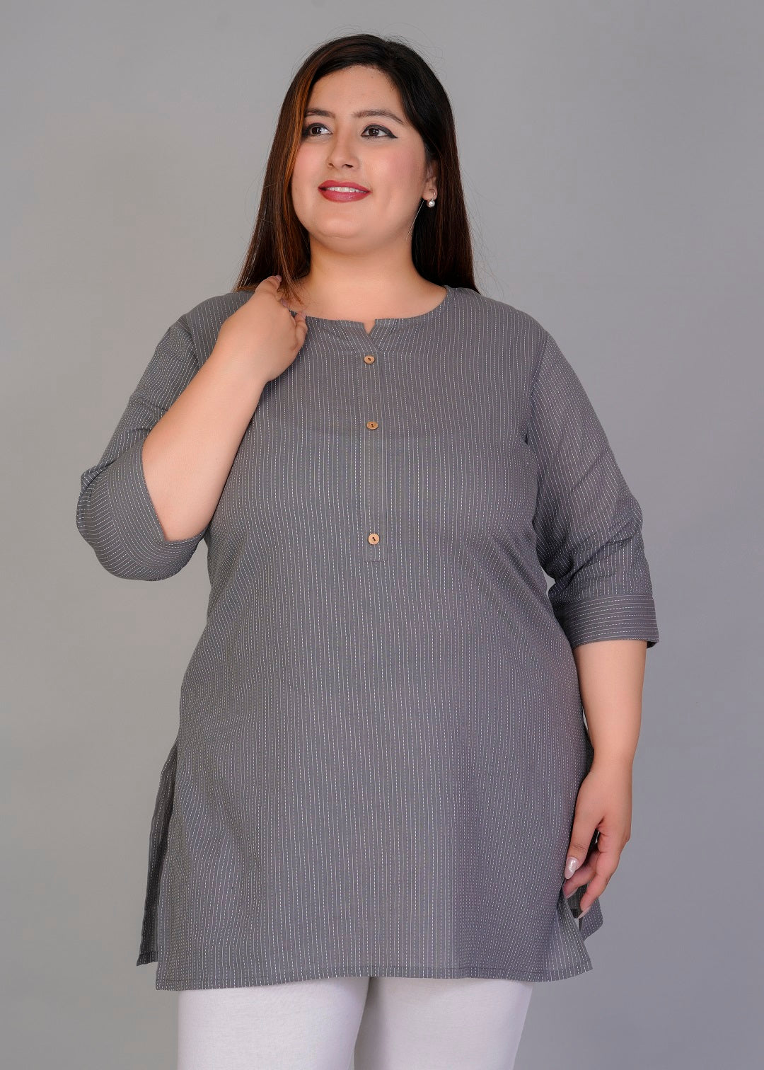Grey Vertical Stripe Short Kurti