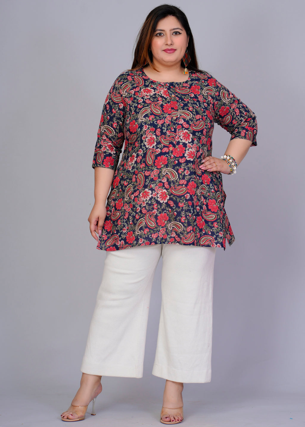 Navy Floral Paisley Short Kurti