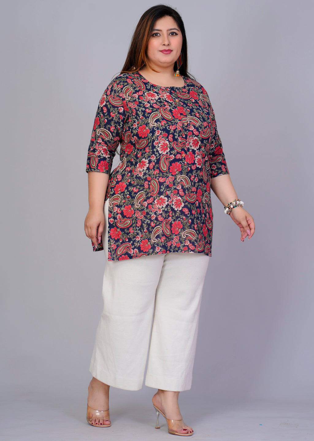 Navy Floral Paisley Short Kurti