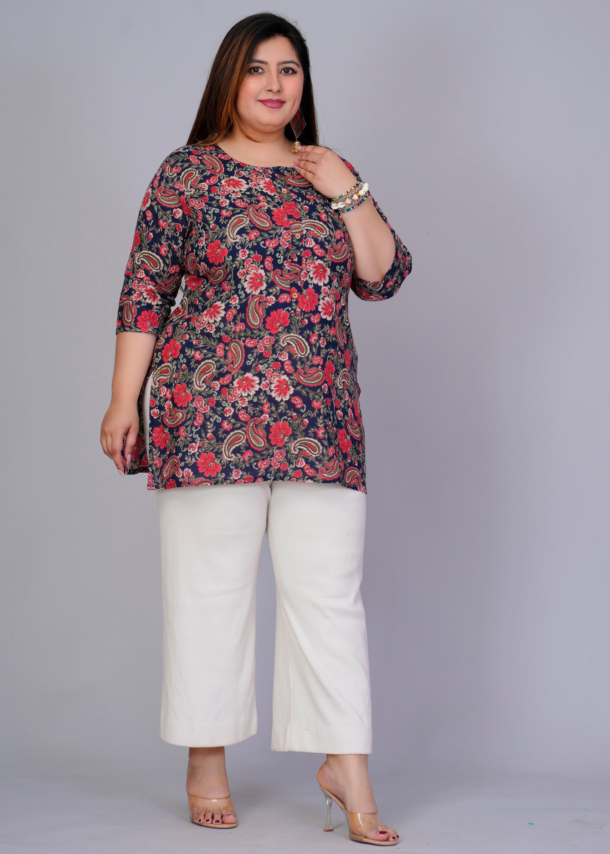 Navy Floral Paisley Short Kurti