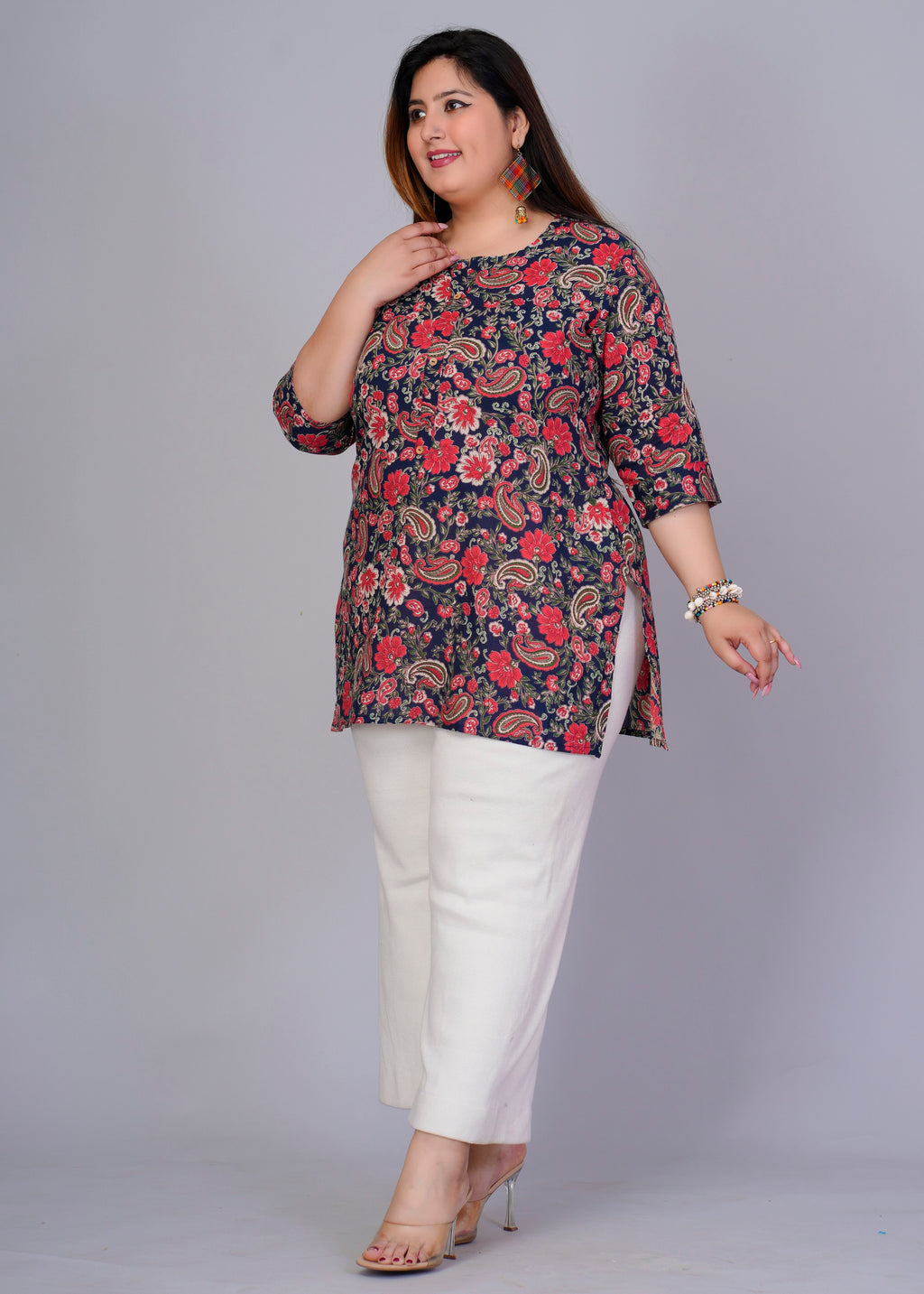 Navy Floral Paisley Short Kurti