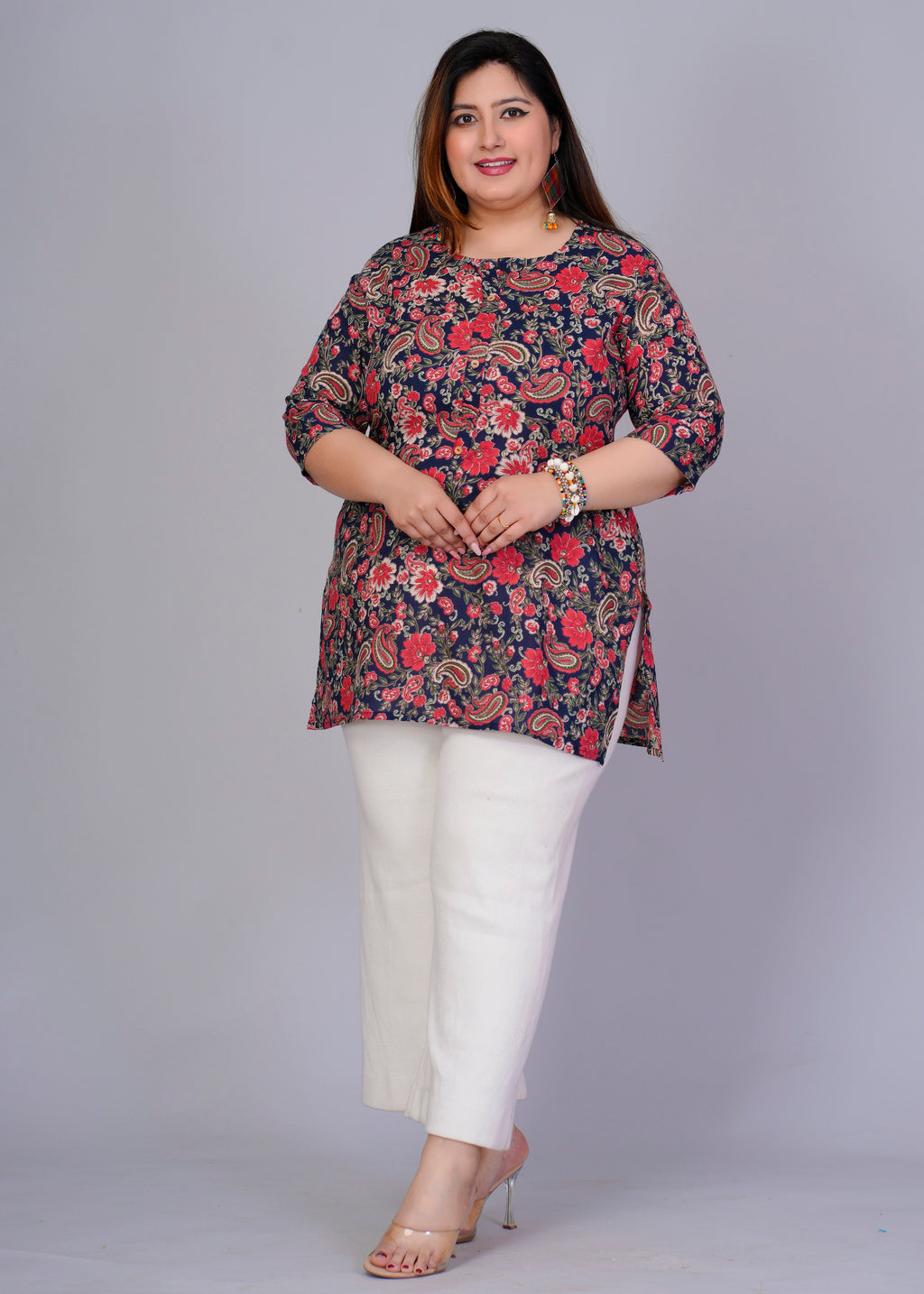 Navy Floral Paisley Short Kurti