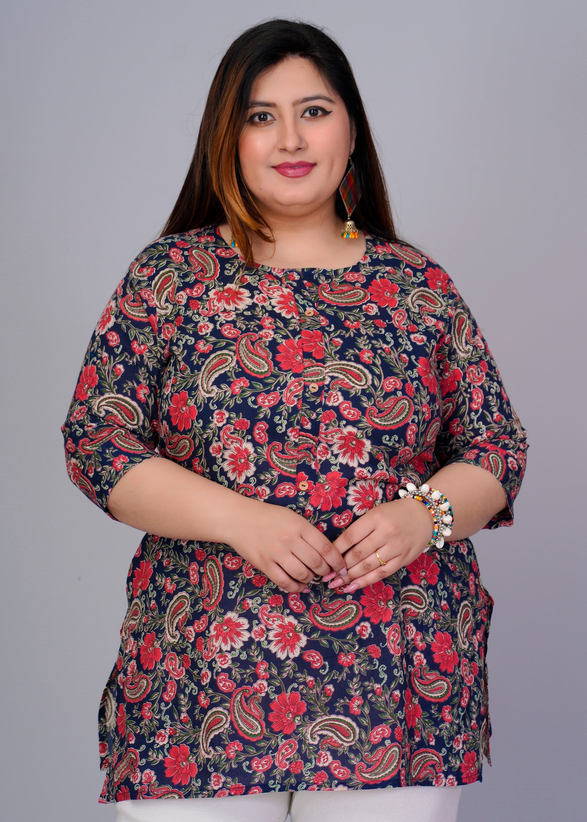 Navy Floral Paisley Short Kurti