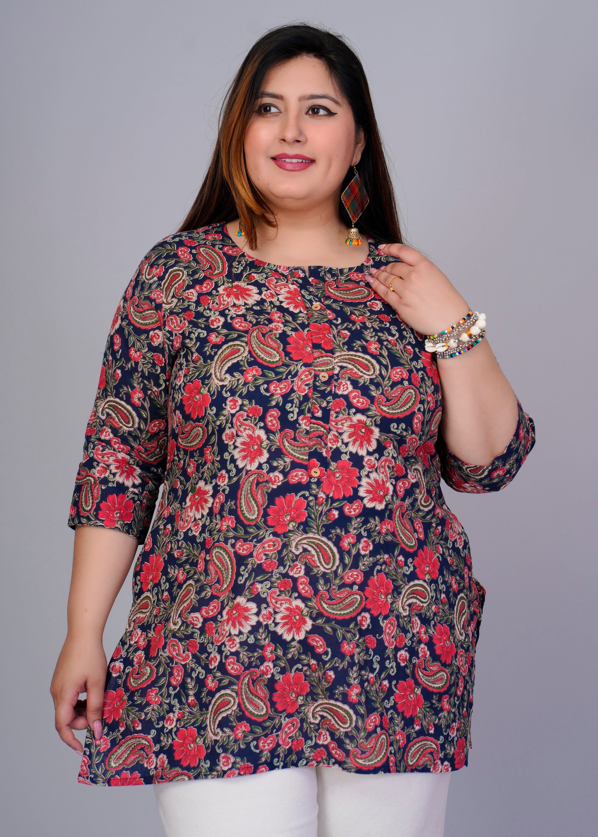Navy Floral Paisley Short Kurti