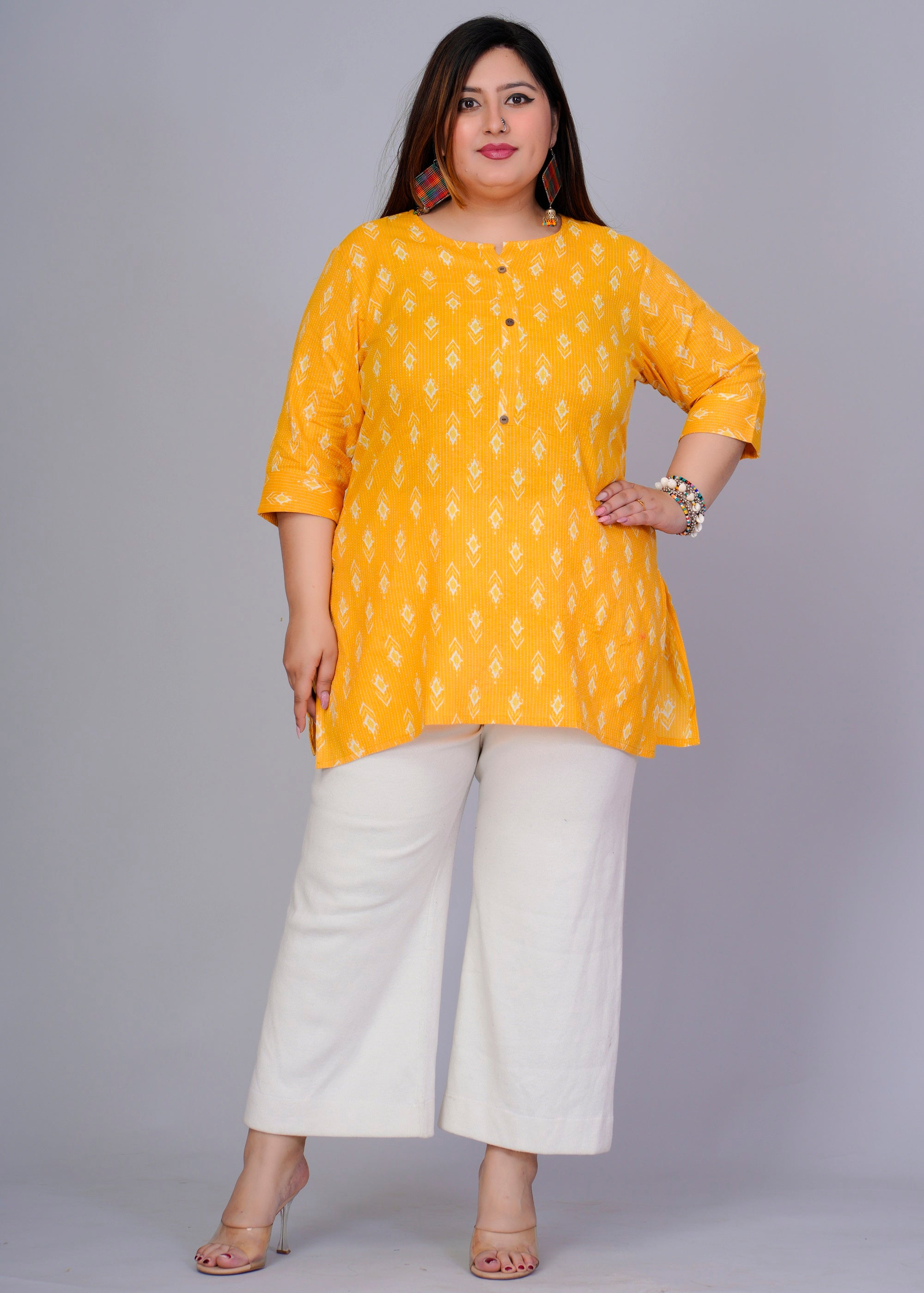 Mustard Yellow Ikat Short Kurti