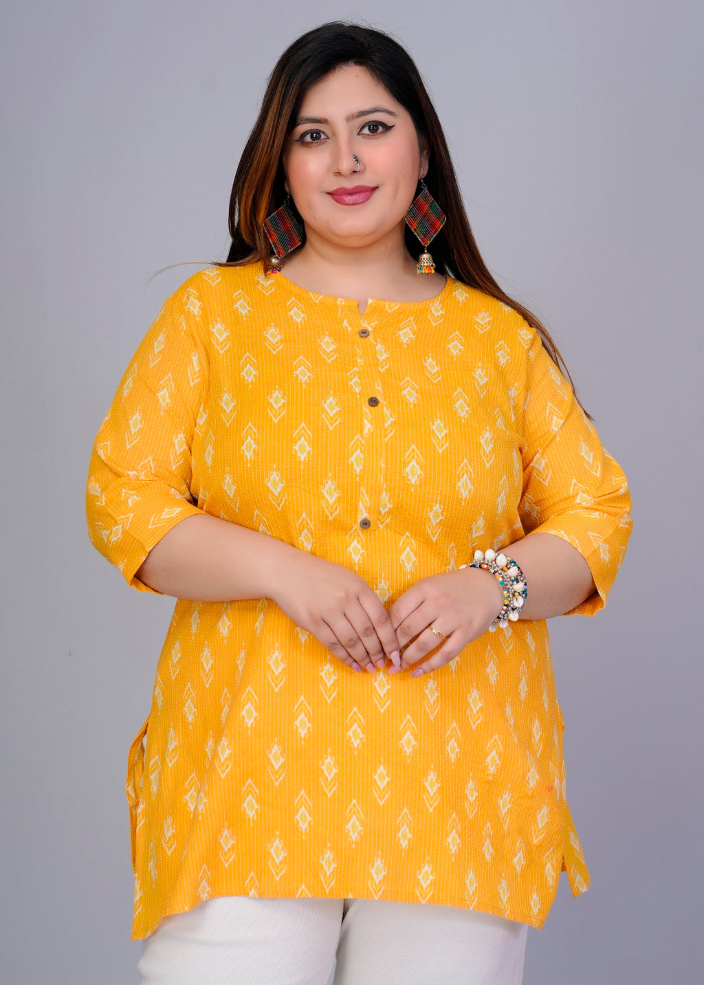 Mustard Yellow Ikat Short Kurti