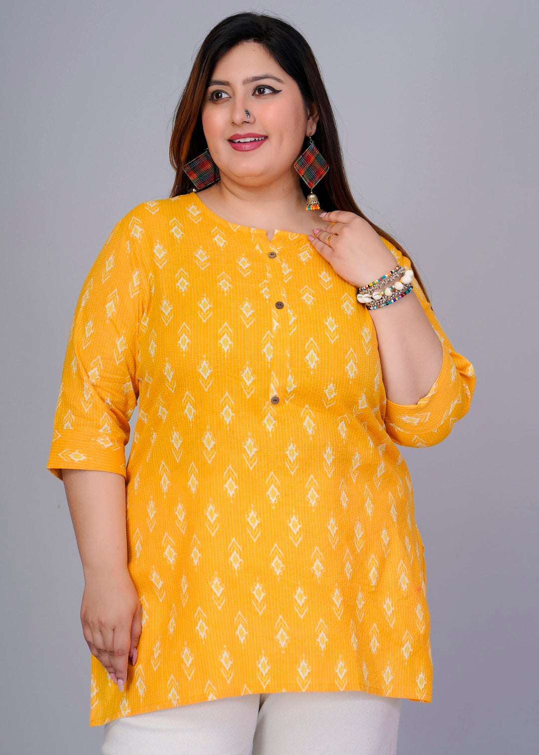 Mustard Yellow Ikat Short Kurti