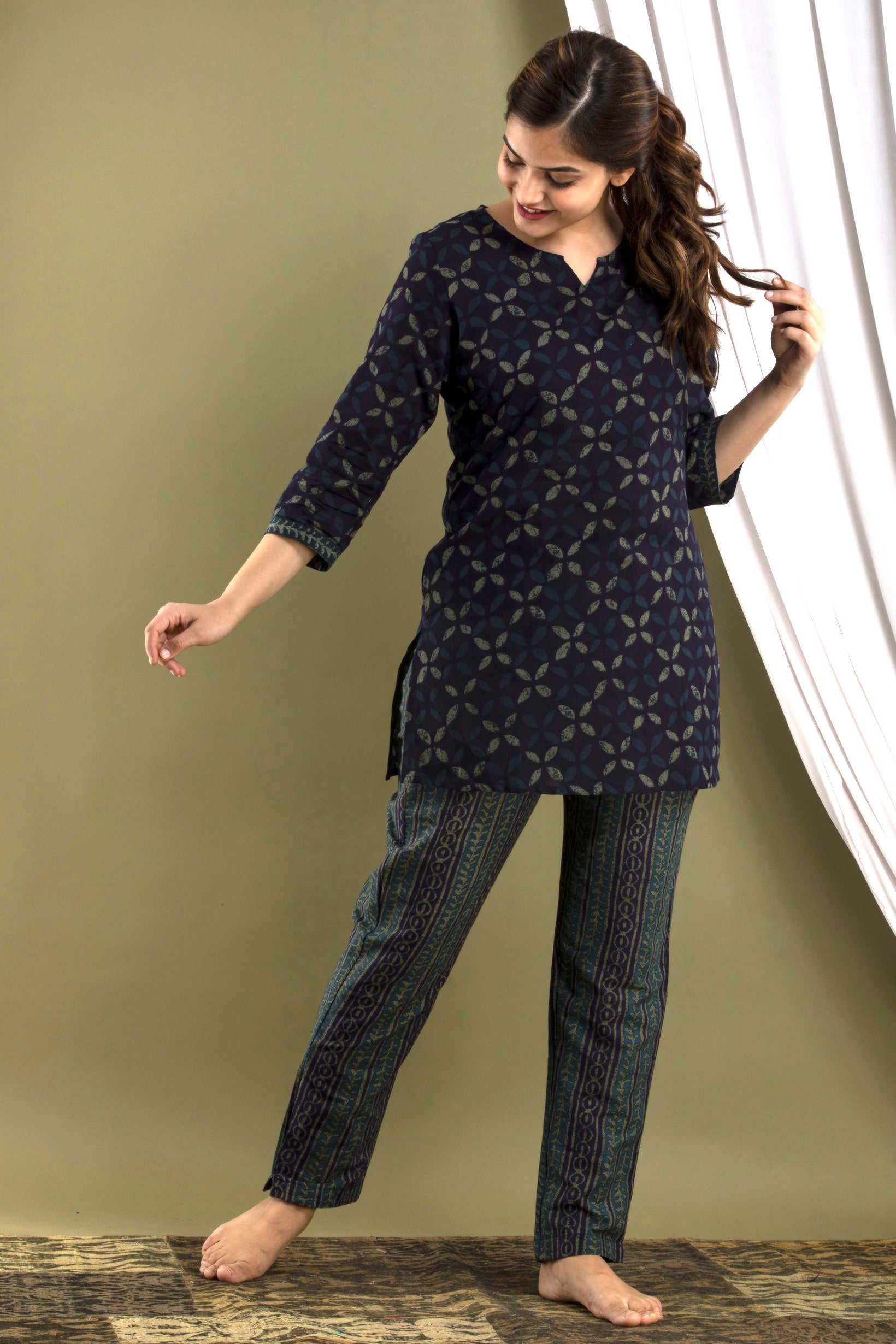 Indigo Geometric Print Pajama Set