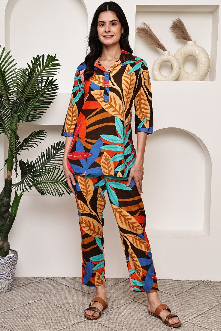 Dark Abstract Leaf Print Co-ord Set