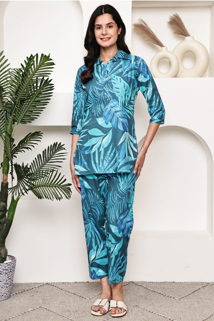Teal Tropical Leaf Co-ord Set