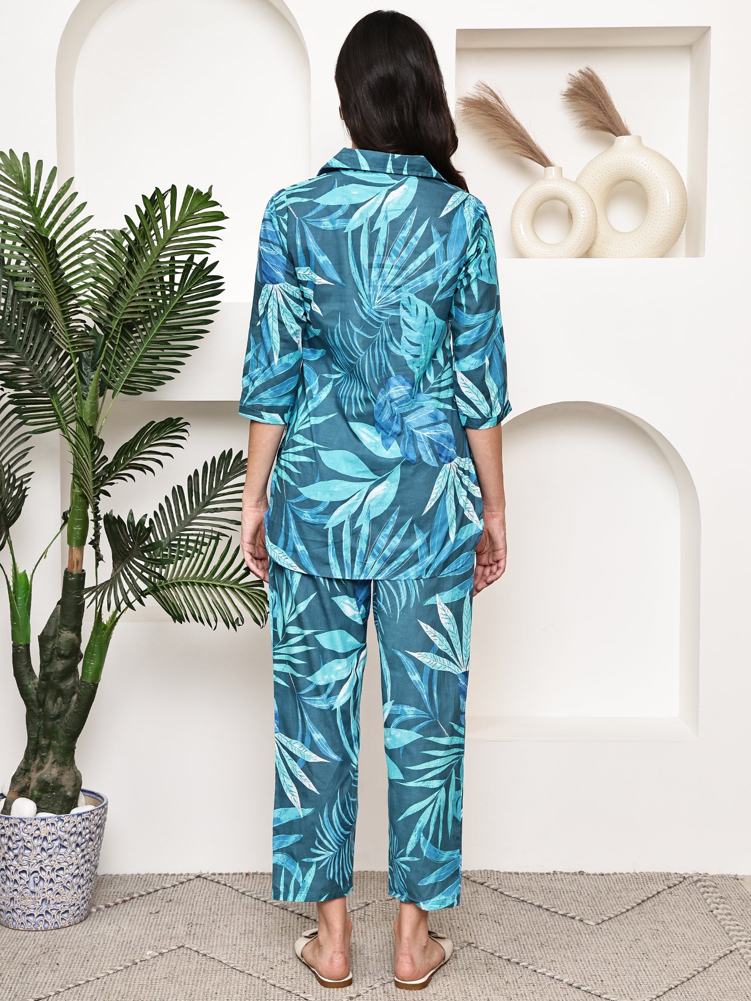 Teal Tropical Leaf Co-ord Set