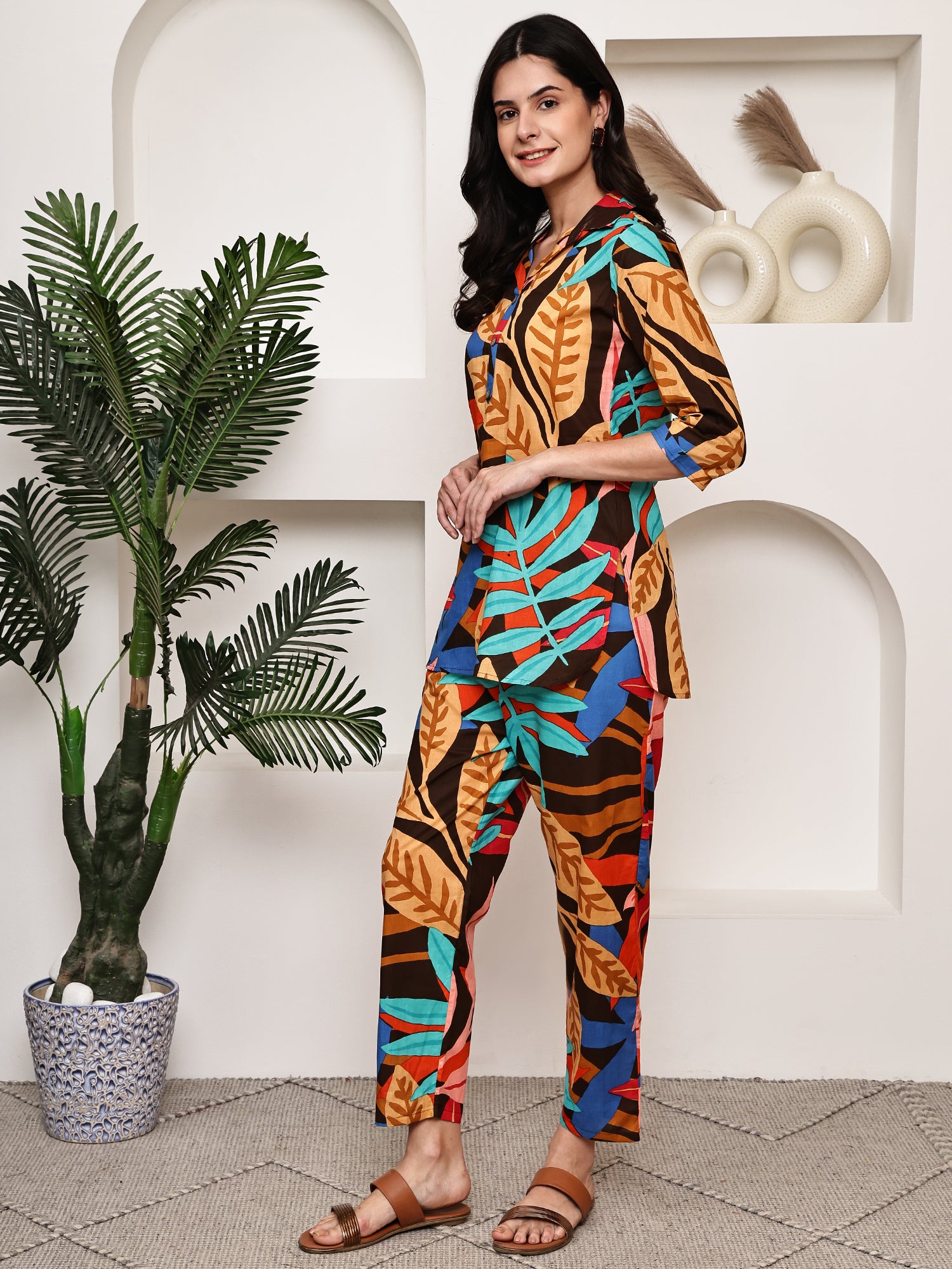 Dark Abstract Leaf Print Co-ord Set