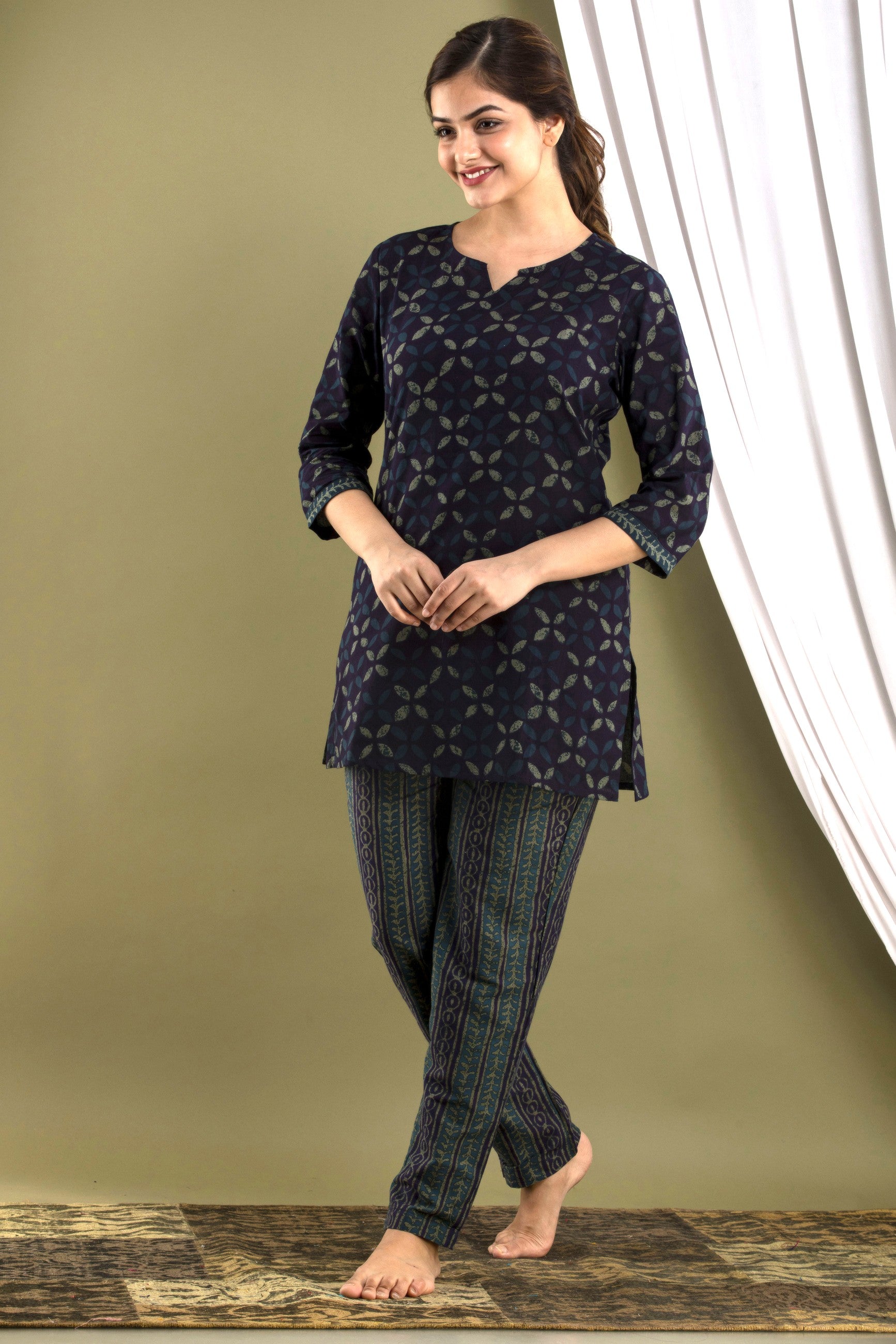 Indigo Geometric Print Pajama Set