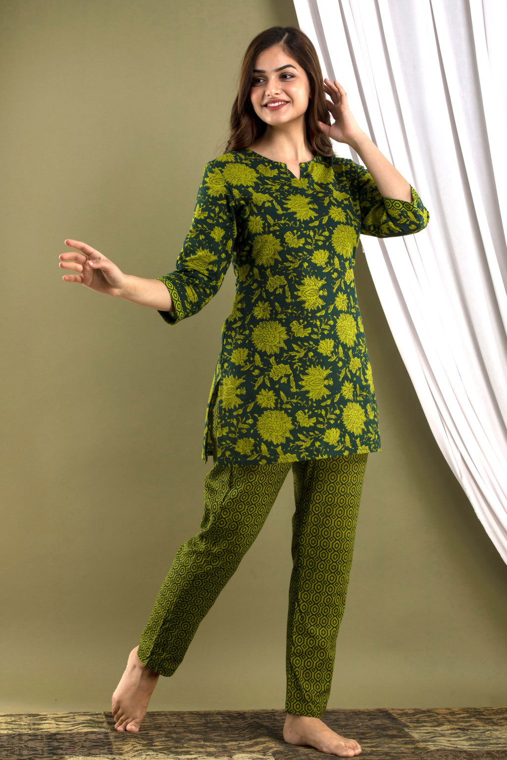 Olive Green Printed Kurta & Pajama Set