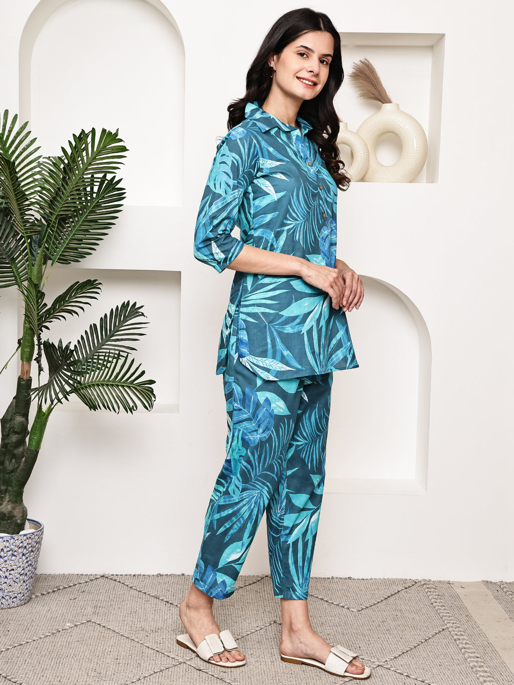 Teal Tropical Leaf Co-ord Set
