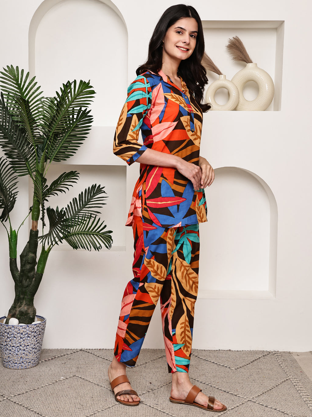 Dark Abstract Leaf Print Co-ord Set