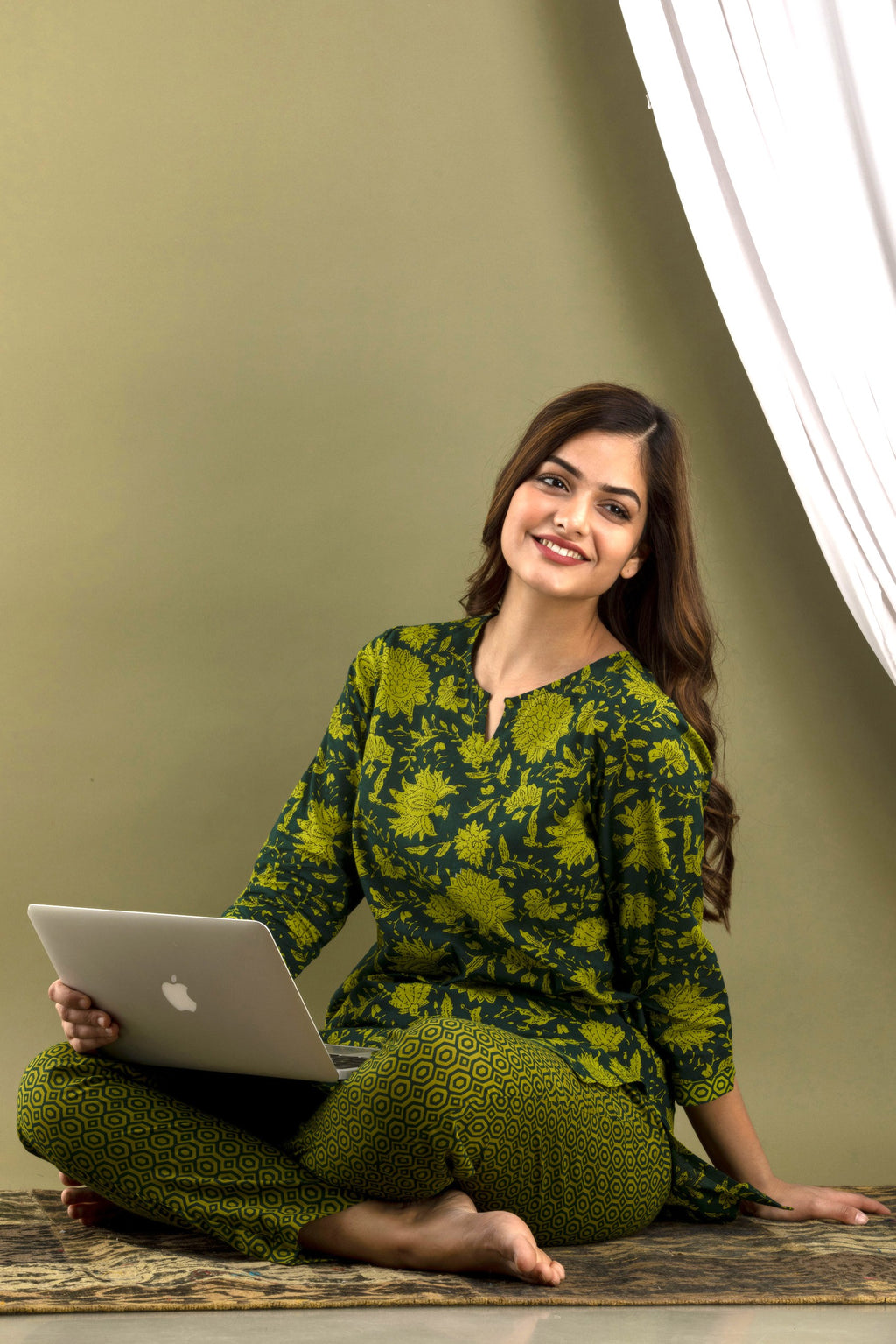 Olive Green Printed Kurta & Pajama Set