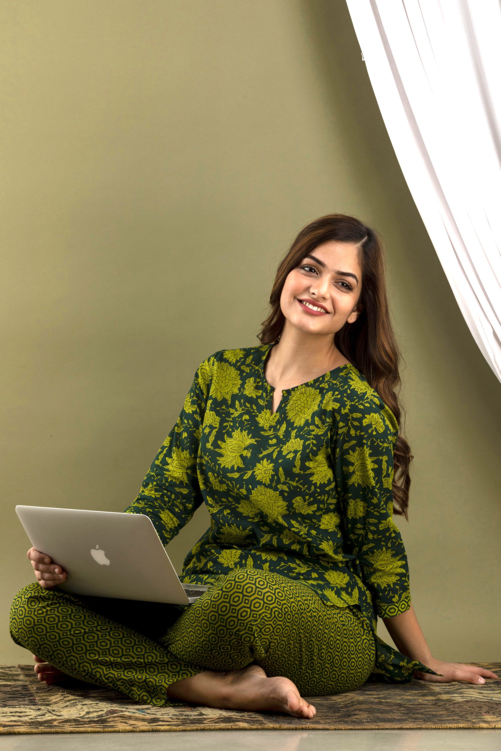 Olive Green Printed Kurta & Pajama Set