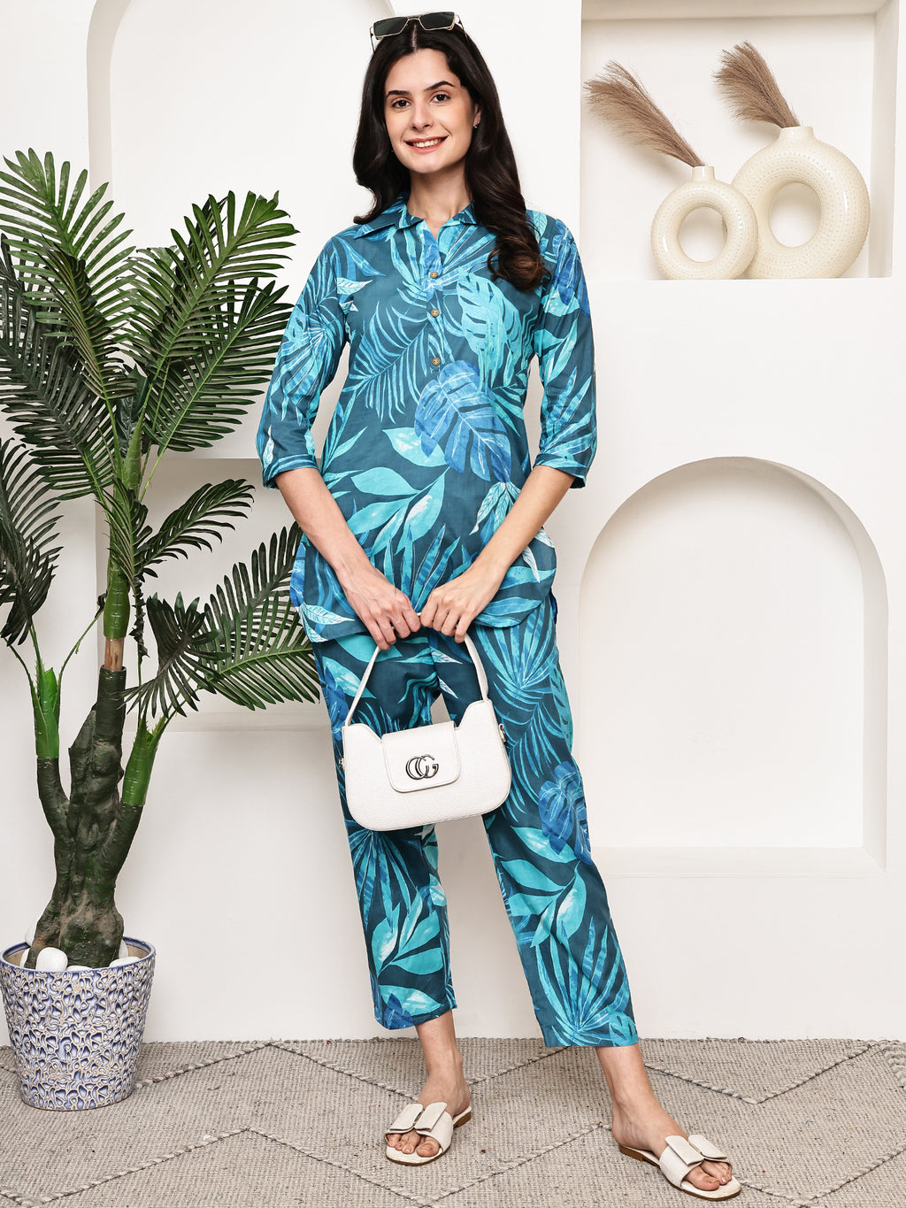 Teal Tropical Leaf Co-ord Set