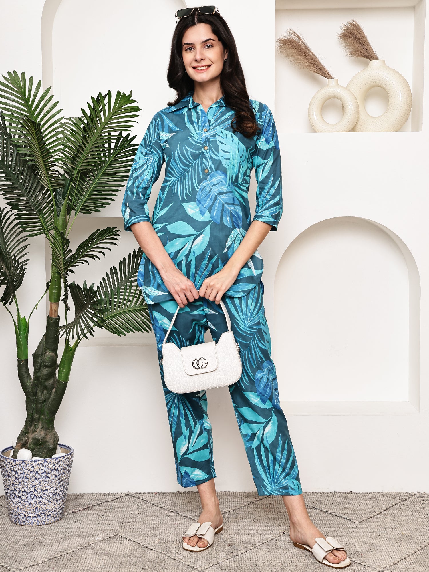Teal Tropical Leaf Co-ord Set