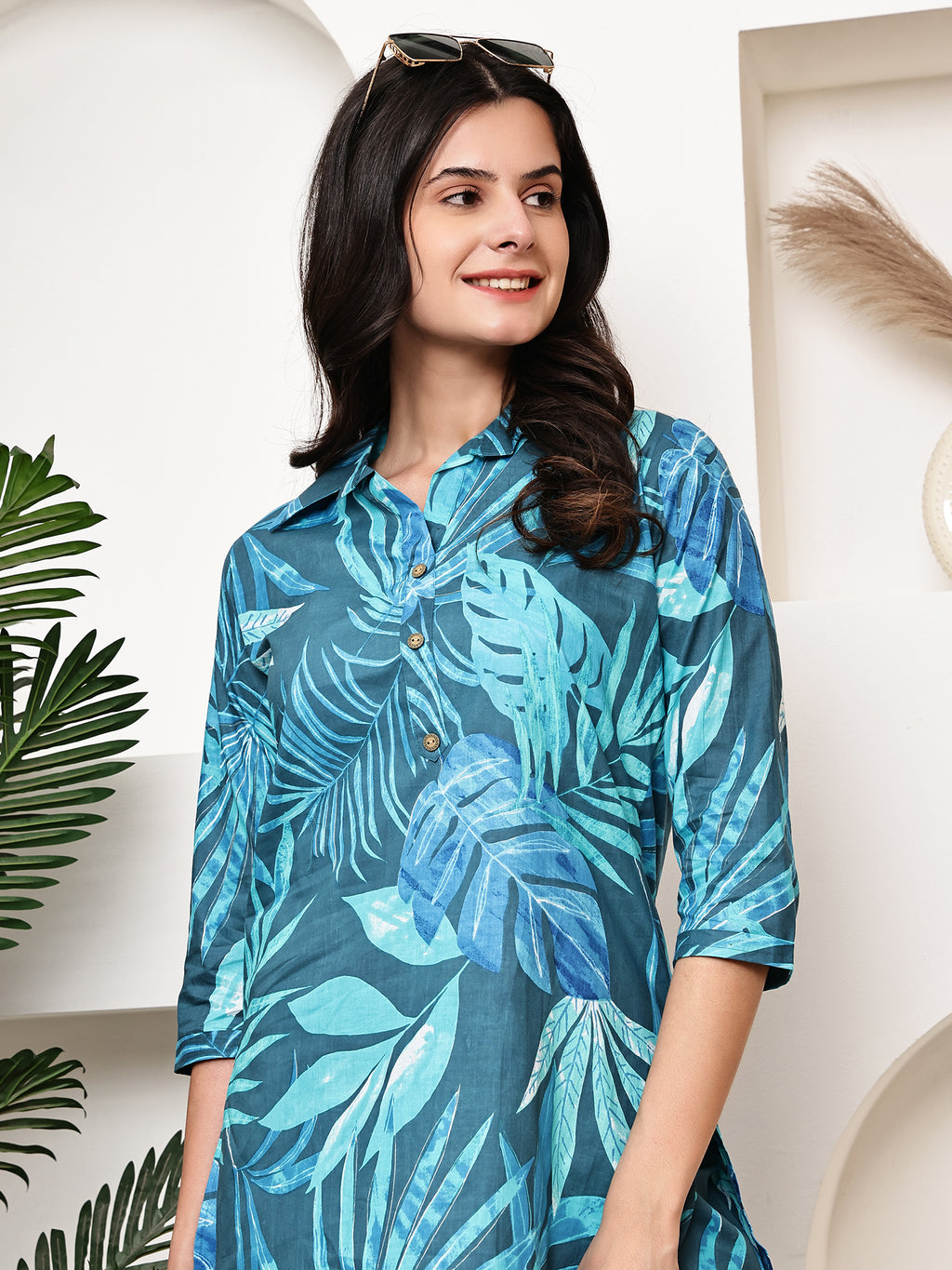 Teal Tropical Leaf Co-ord Set