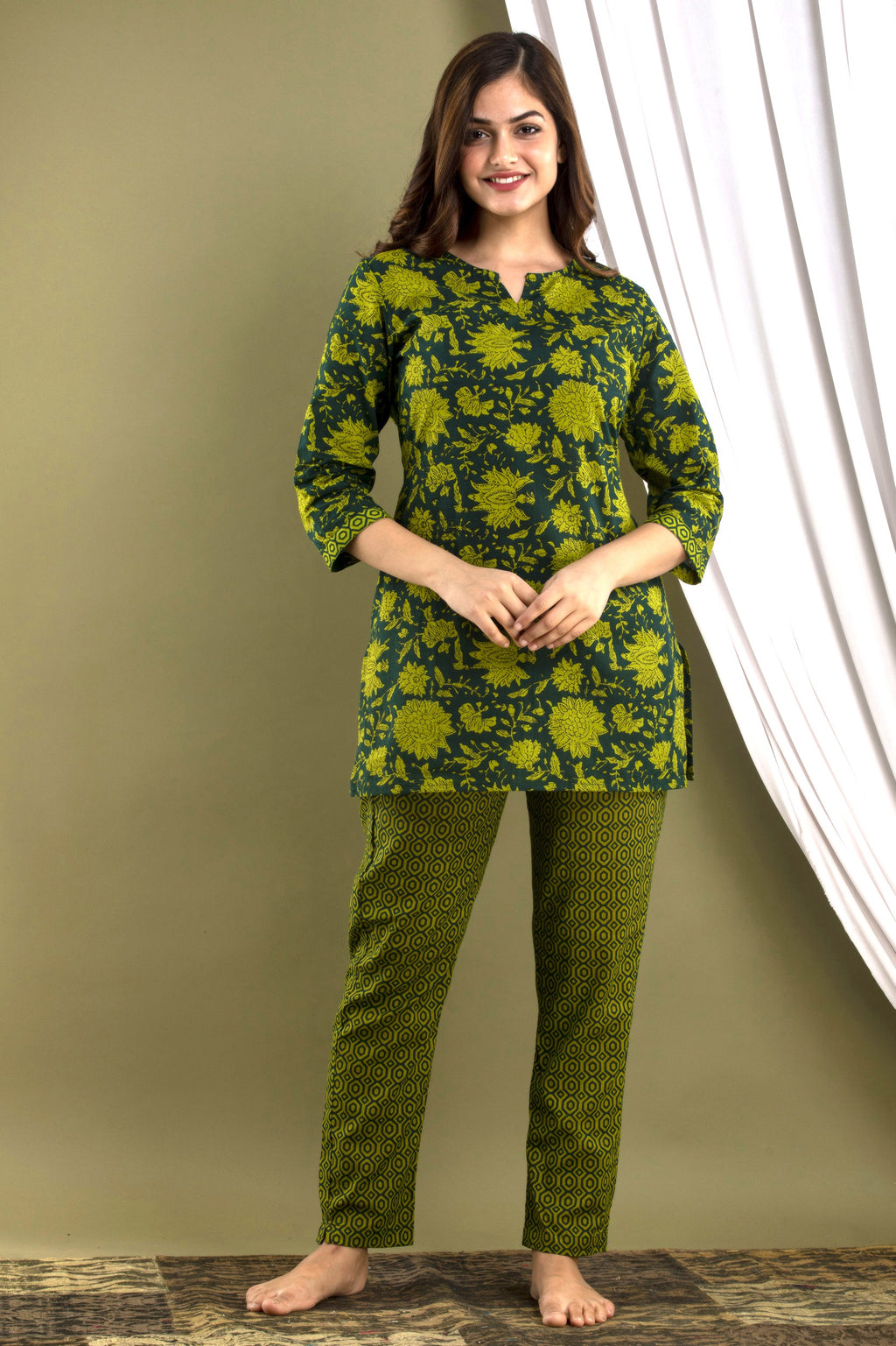 Olive Green Printed Kurta & Pajama Set