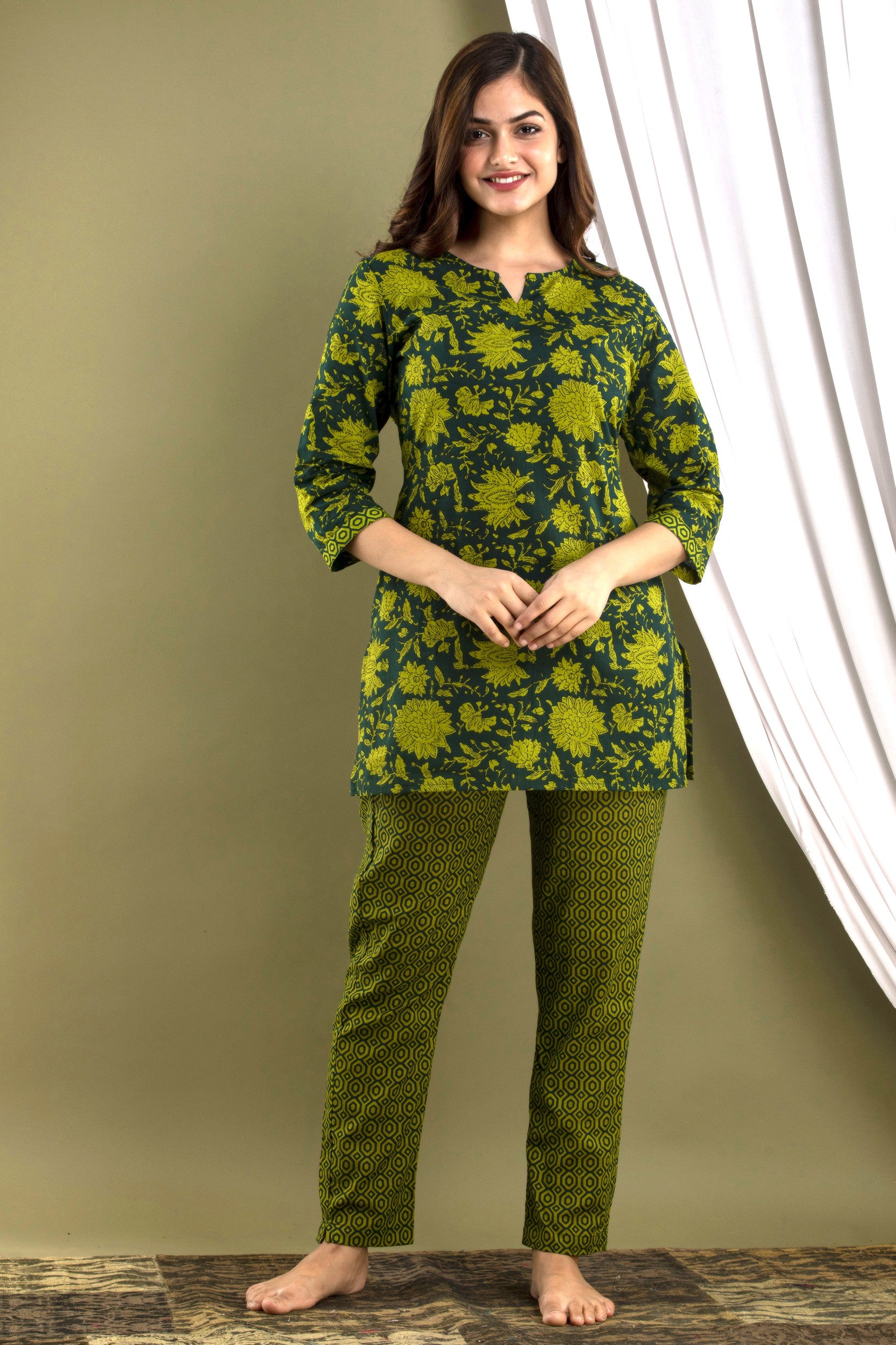 Olive Green Printed Kurta & Pajama Set