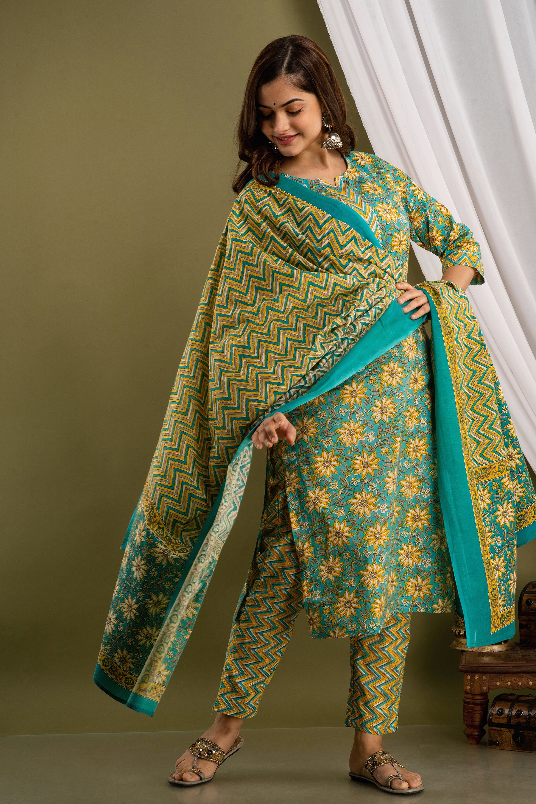 Turquoise Bloom Dupatta Set