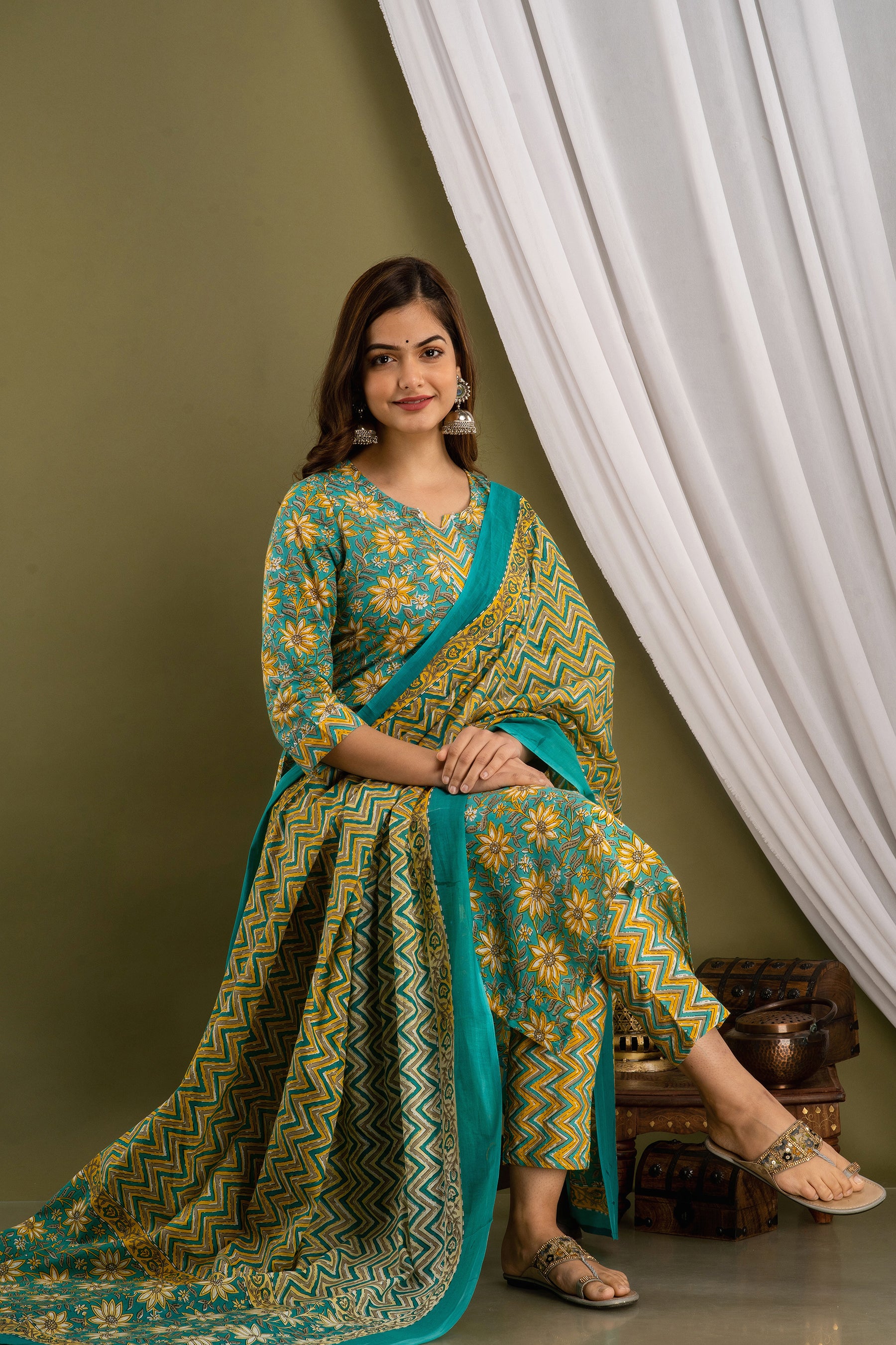 Turquoise Bloom Dupatta Set