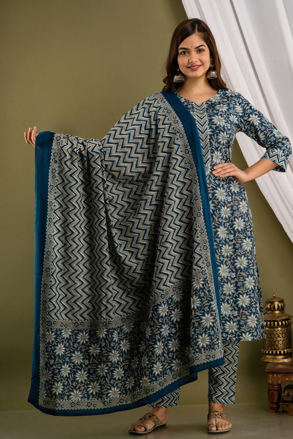 Indigo Chevron Dupatta Set