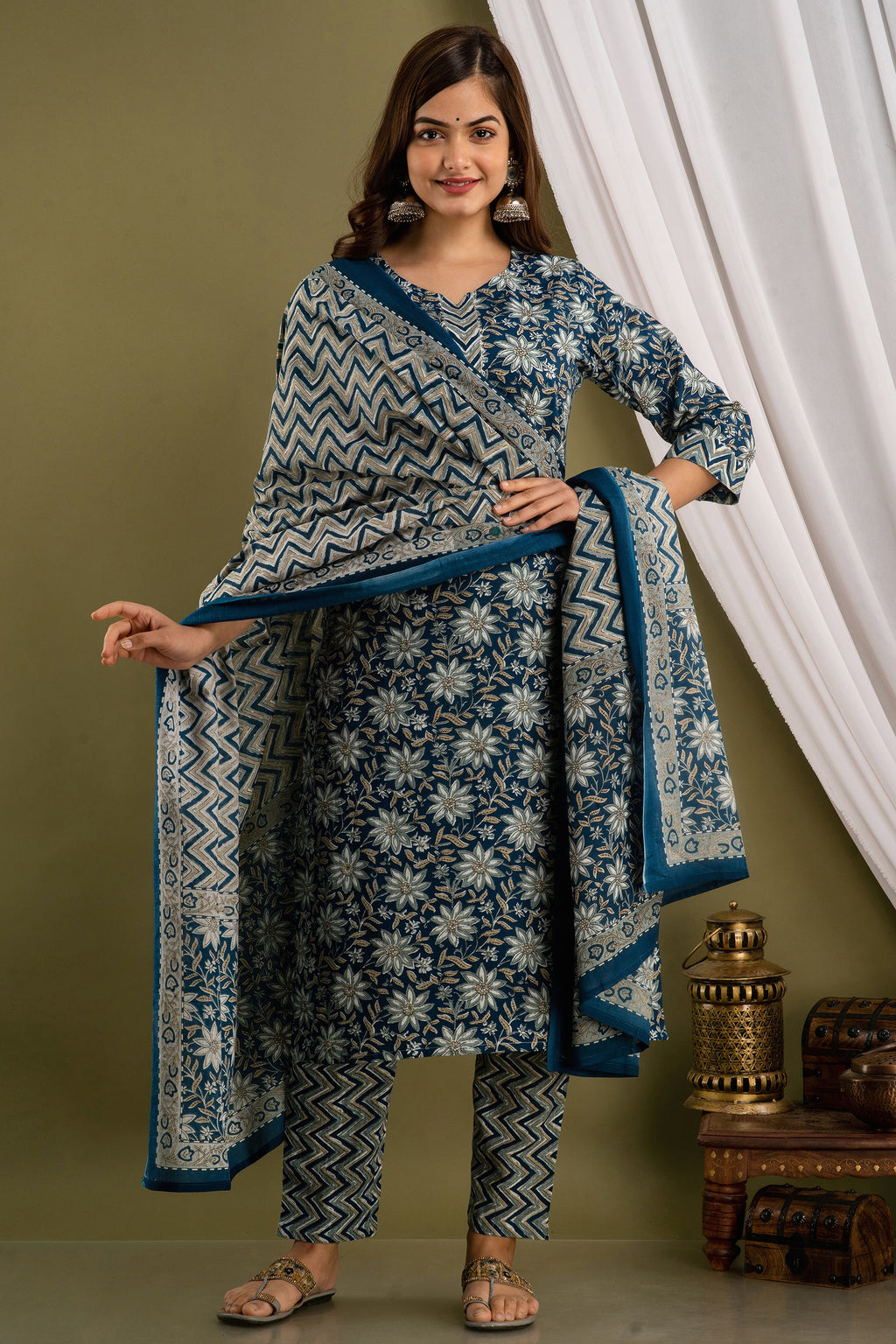 Indigo Chevron Dupatta Set