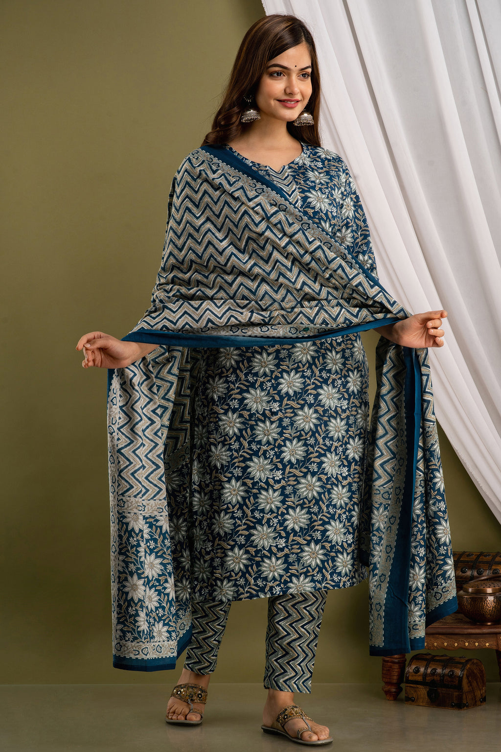 Indigo Chevron Dupatta Set