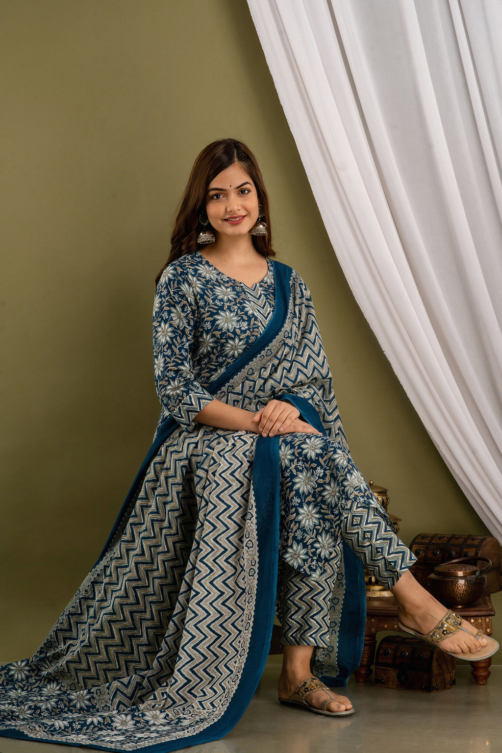 Indigo Chevron Dupatta Set