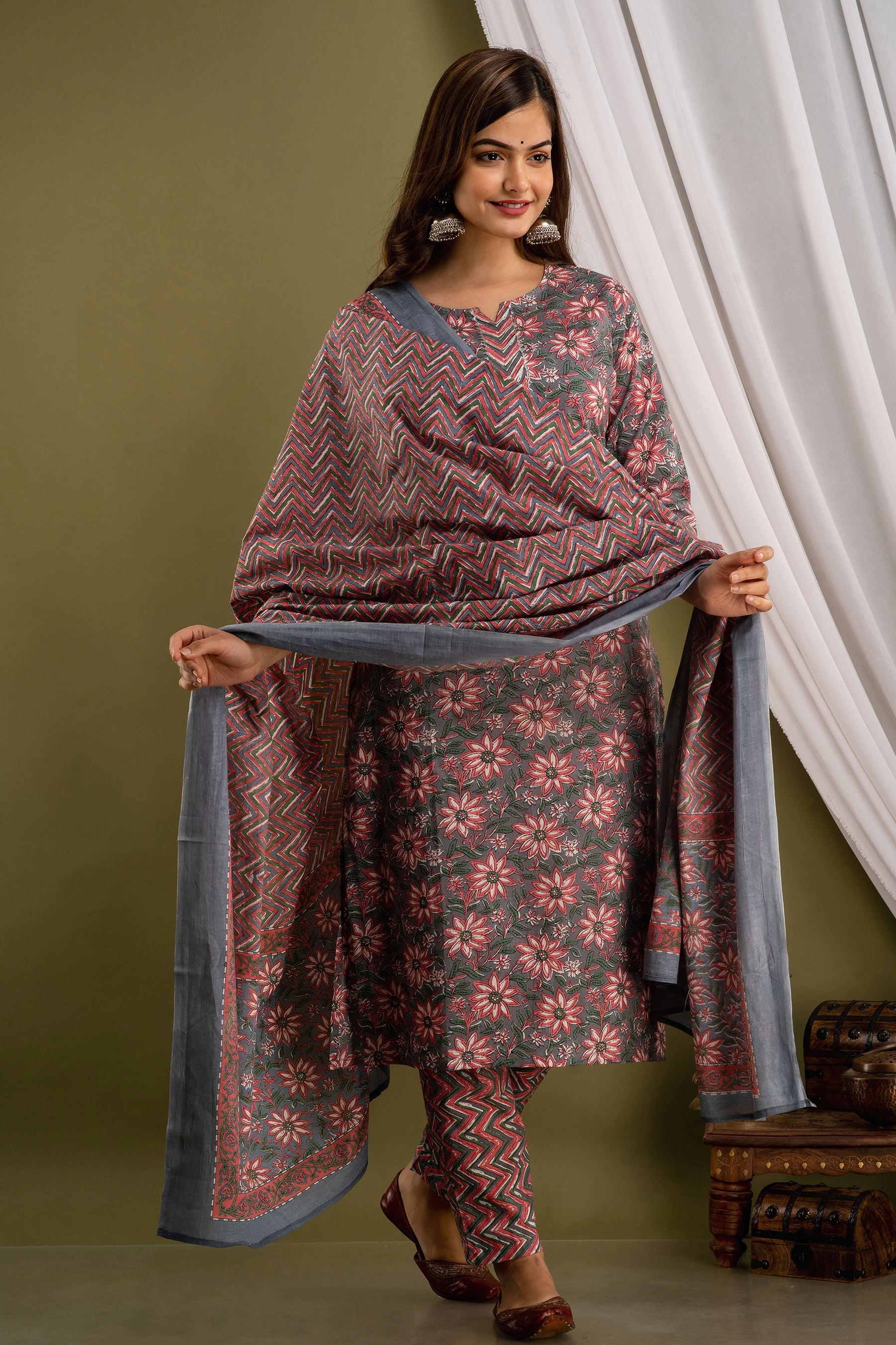 Charcoal Rose Ensemble Dupatta Set