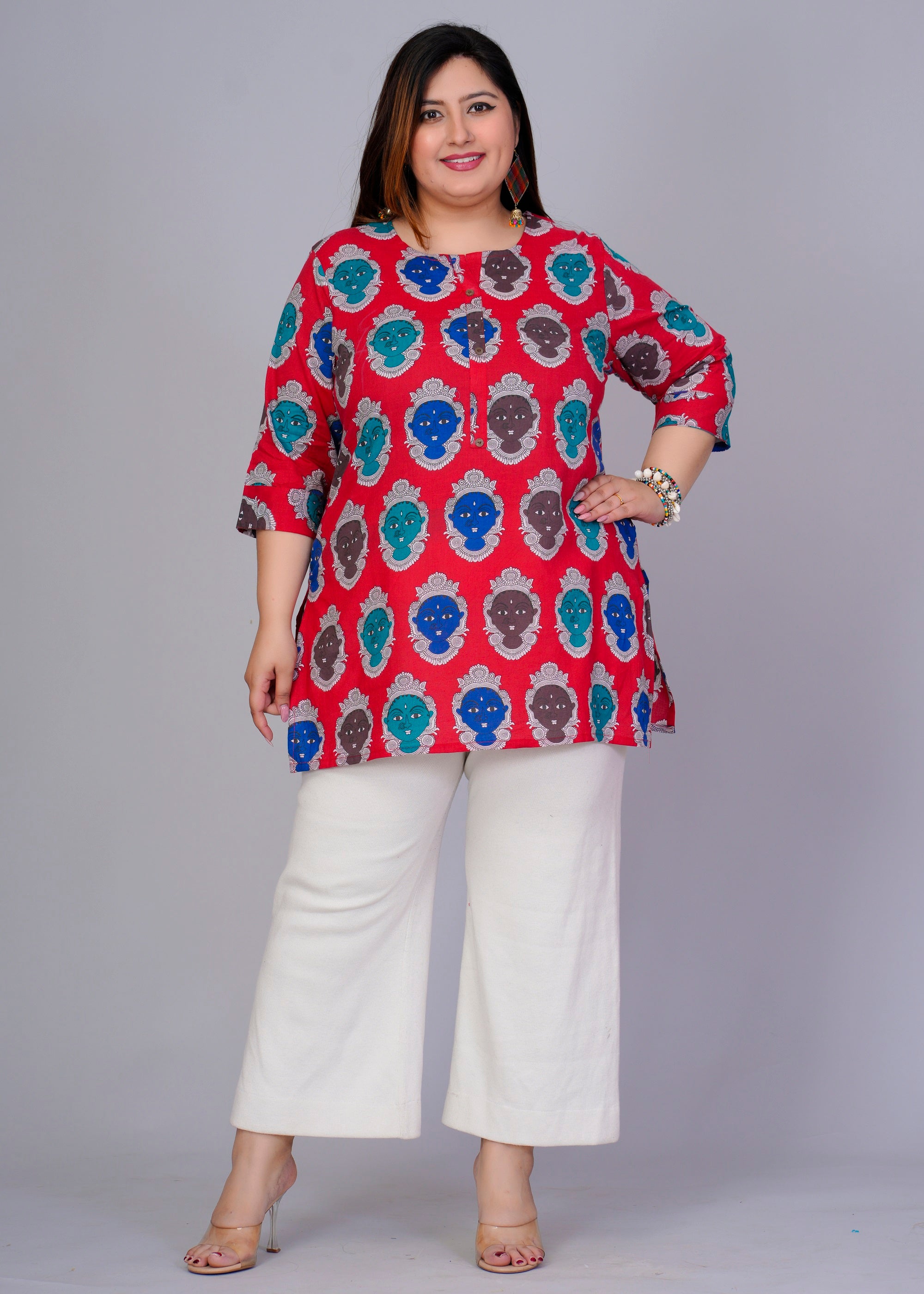 Red Abstract Figurine Short Kurti