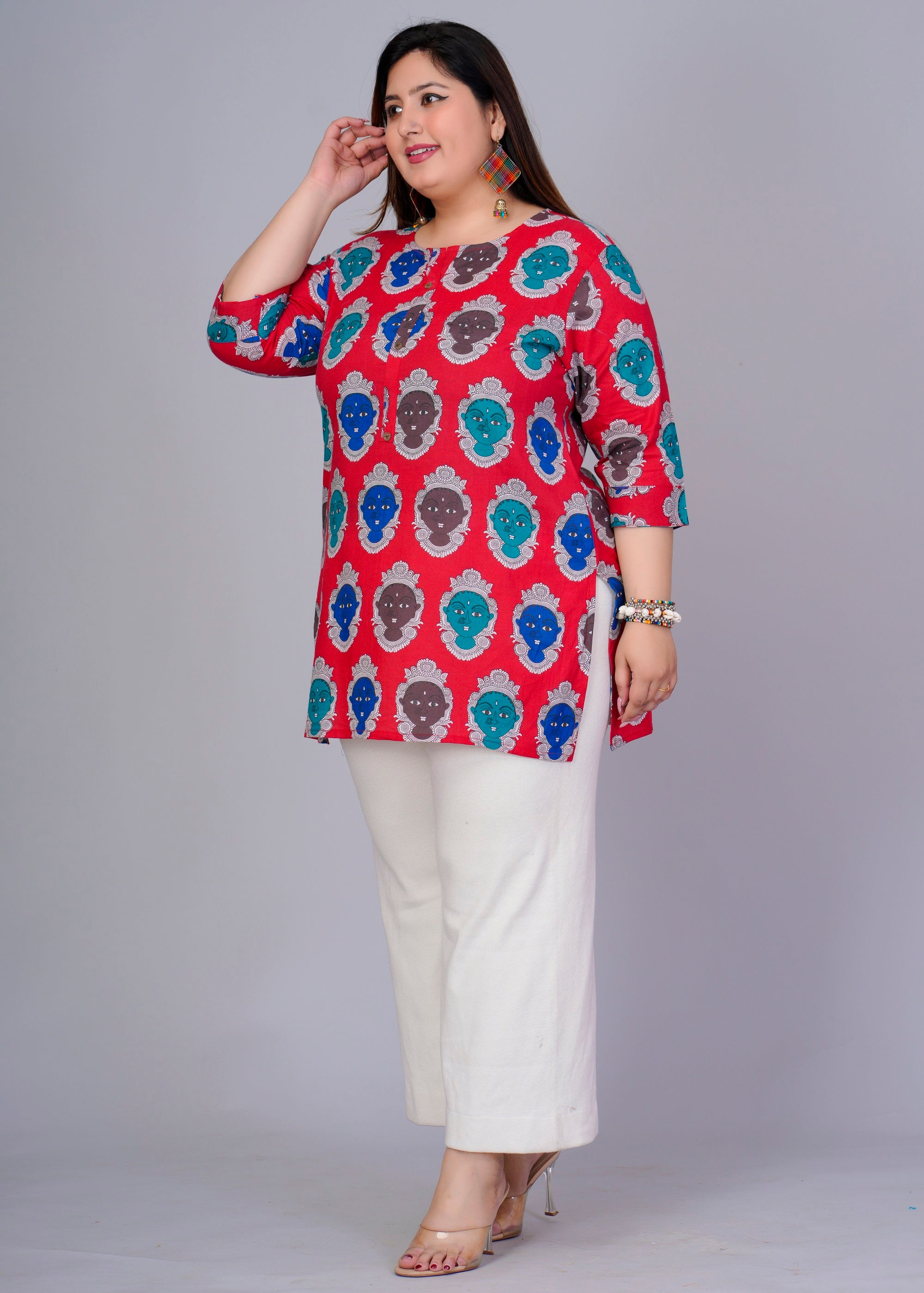 Red Abstract Figurine Short Kurti