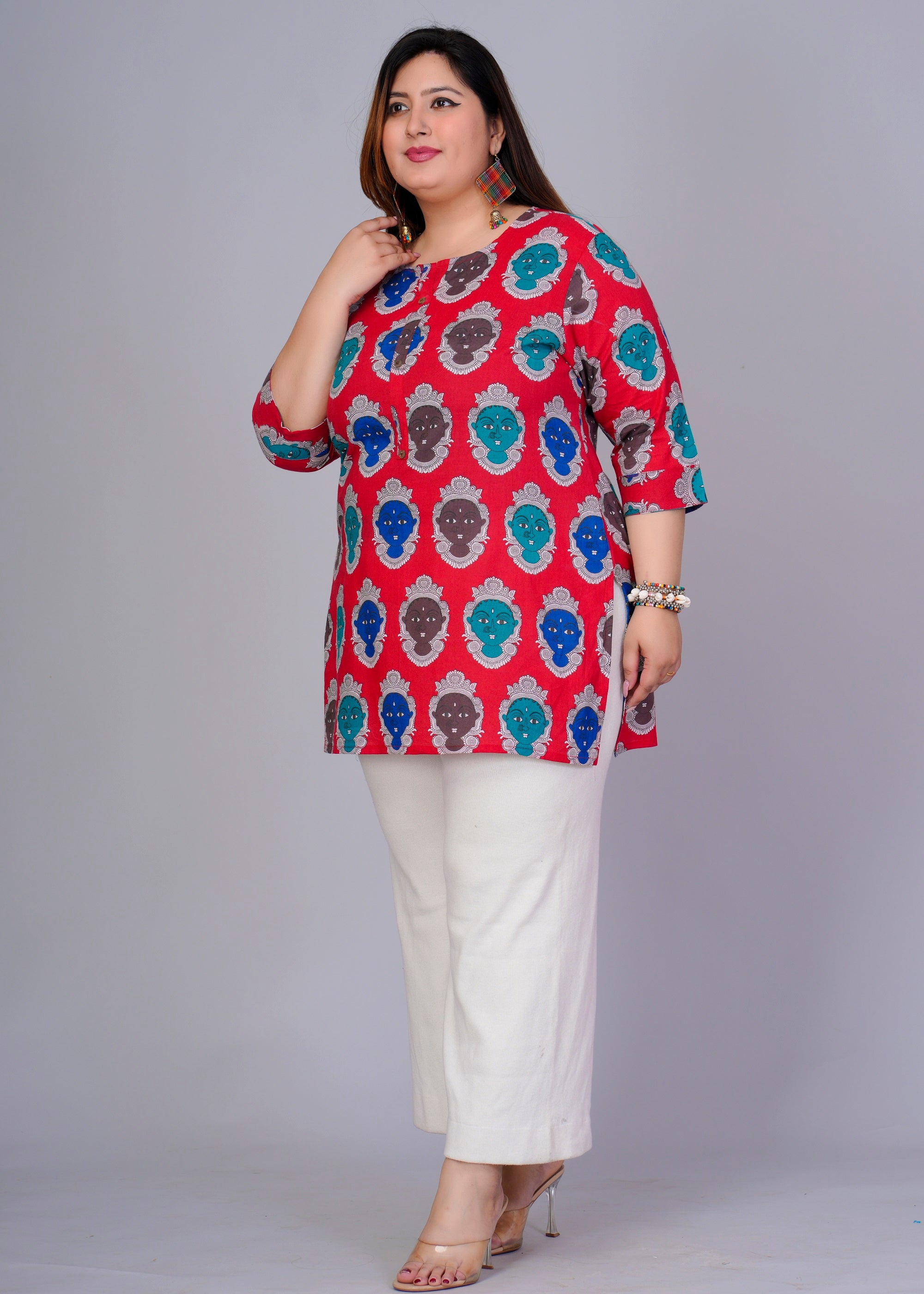 Red Abstract Figurine Short Kurti
