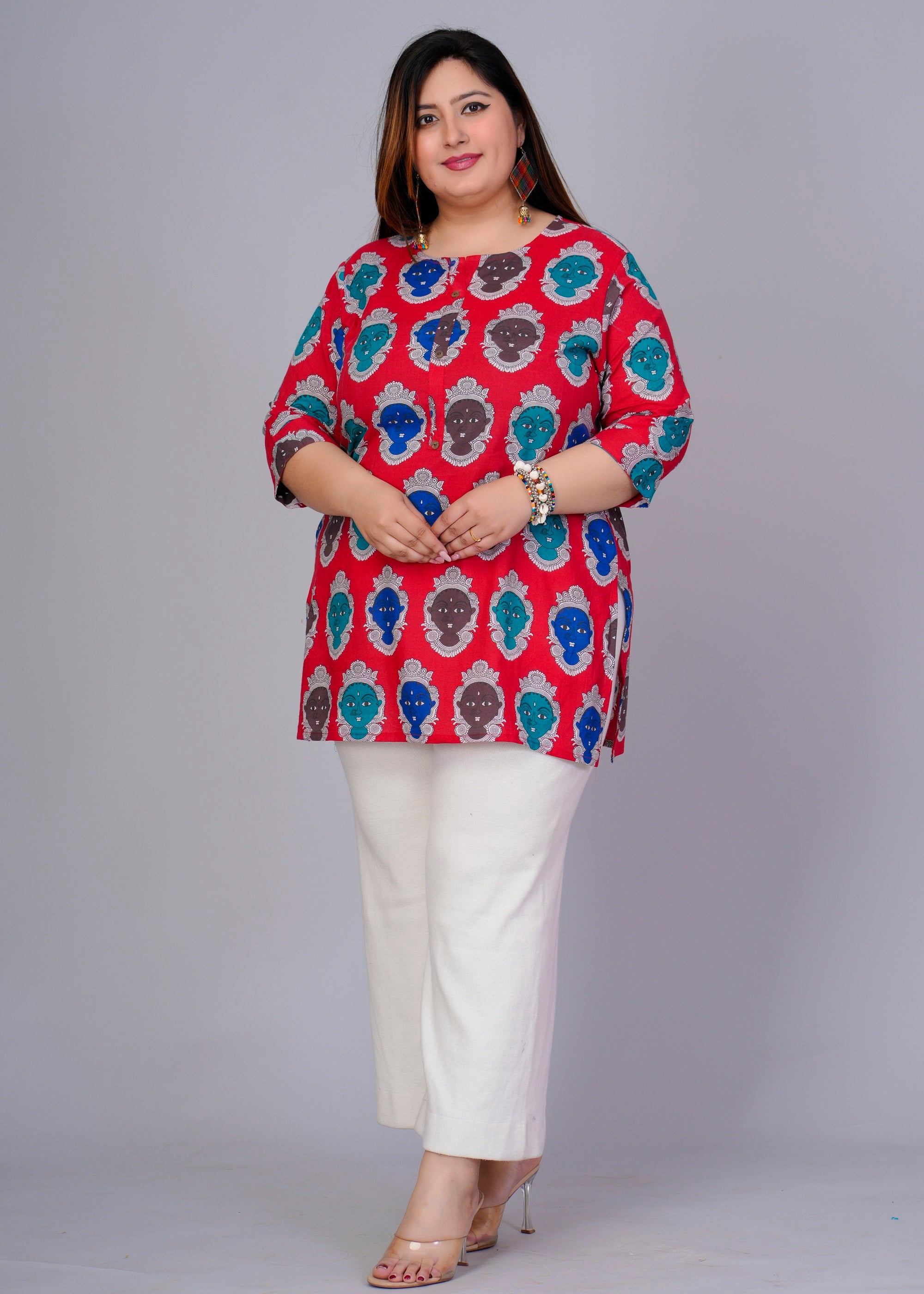 Red Abstract Figurine Short Kurti